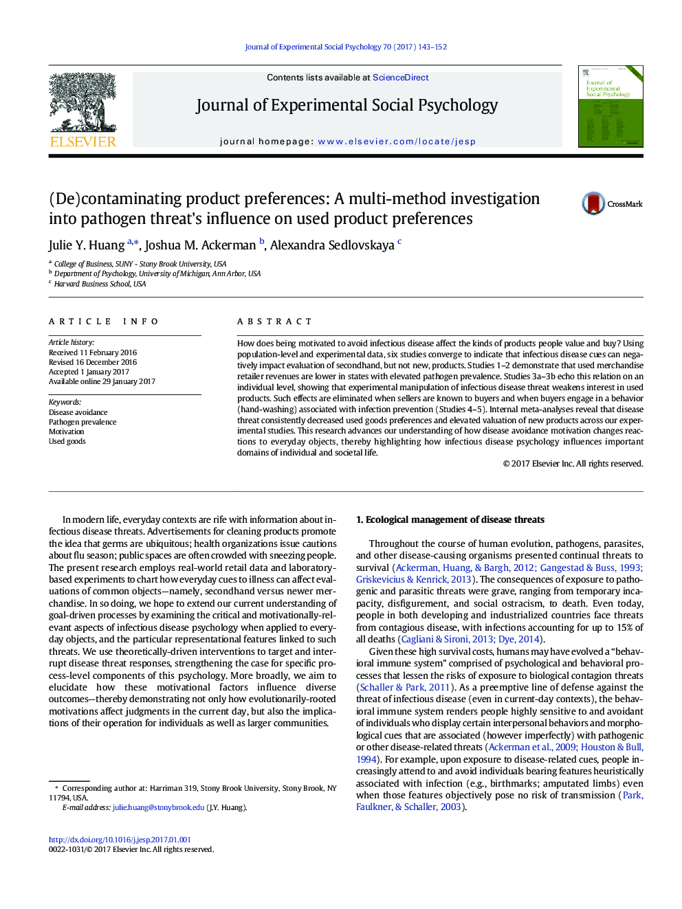(De)contaminating product preferences: A multi-method investigation into pathogen threat's influence on used product preferences