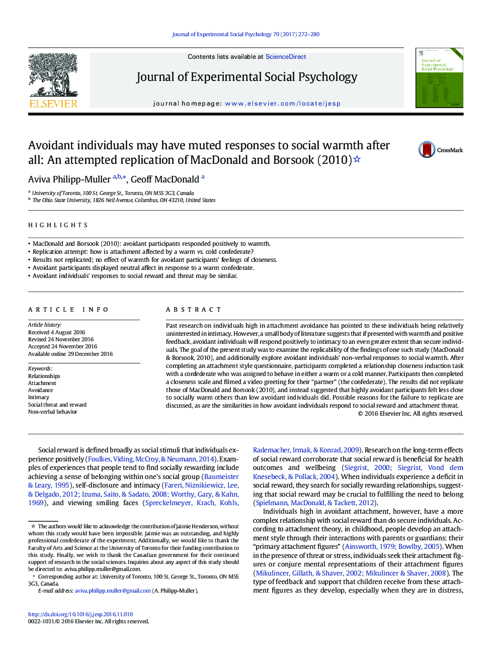Avoidant individuals may have muted responses to social warmth after all: An attempted replication of MacDonald and Borsook (2010)