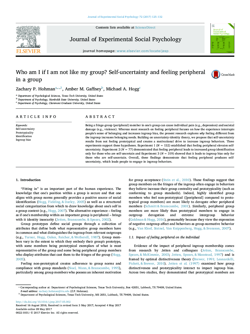 Who am I if I am not like my group? Self-uncertainty and feeling peripheral in a group