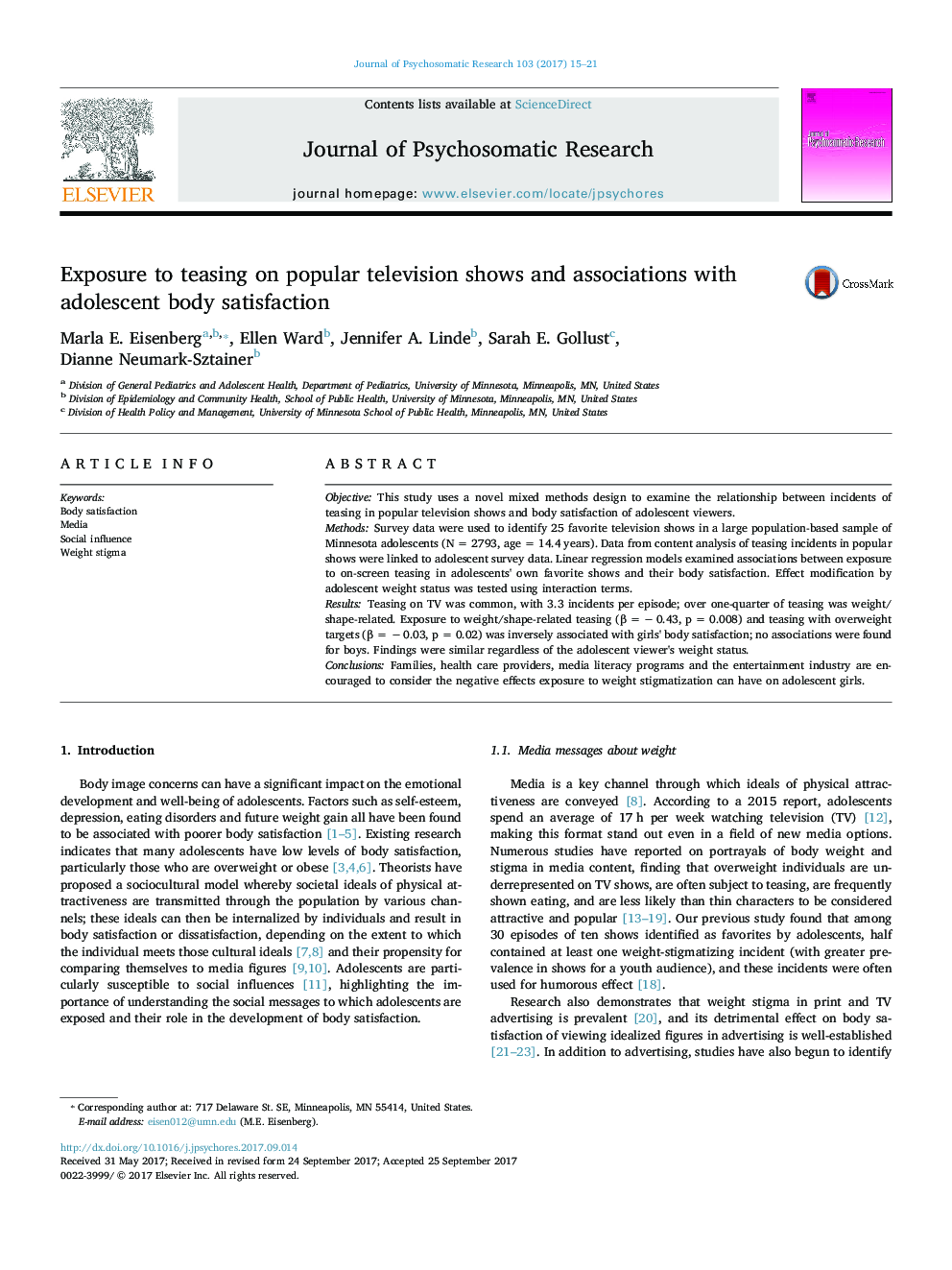 Exposure to teasing on popular television shows and associations with adolescent body satisfaction