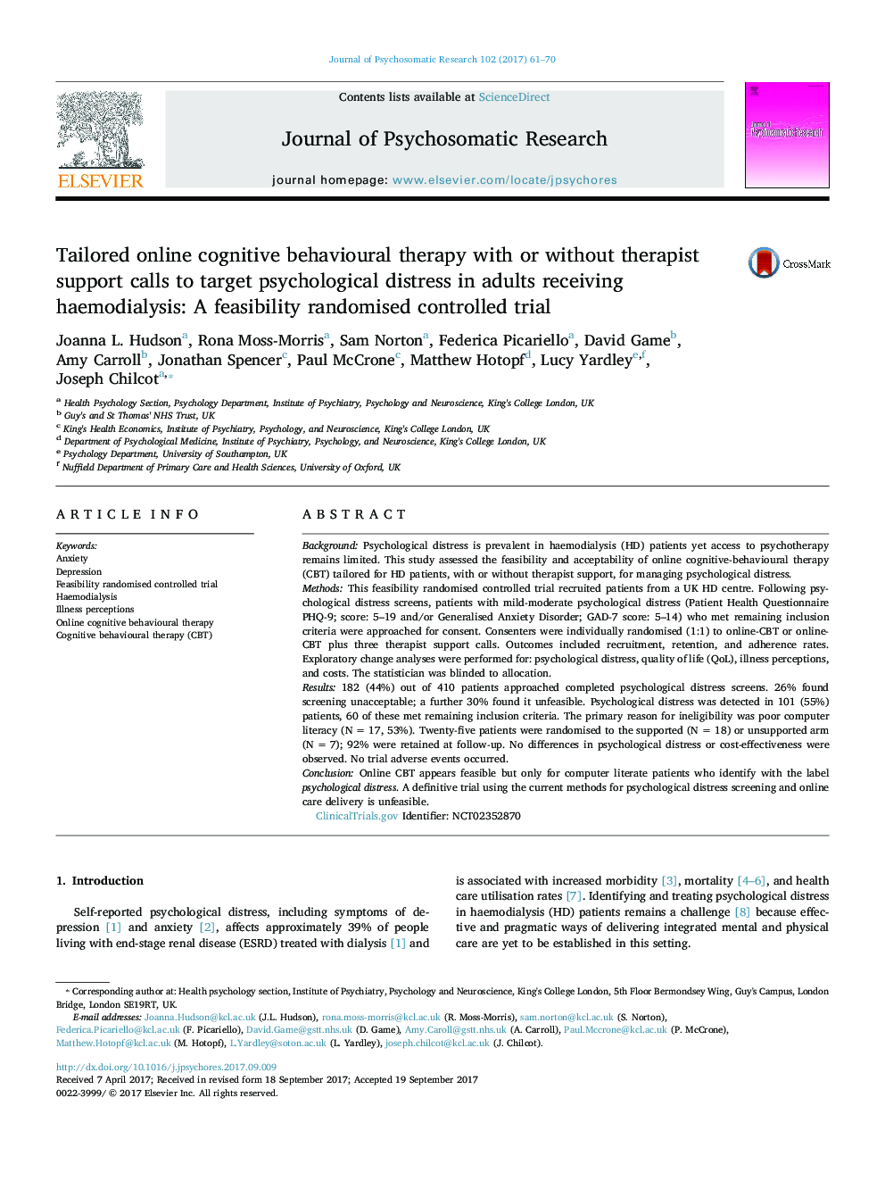 Tailored online cognitive behavioural therapy with or without therapist support calls to target psychological distress in adults receiving haemodialysis: A feasibility randomised controlled trial