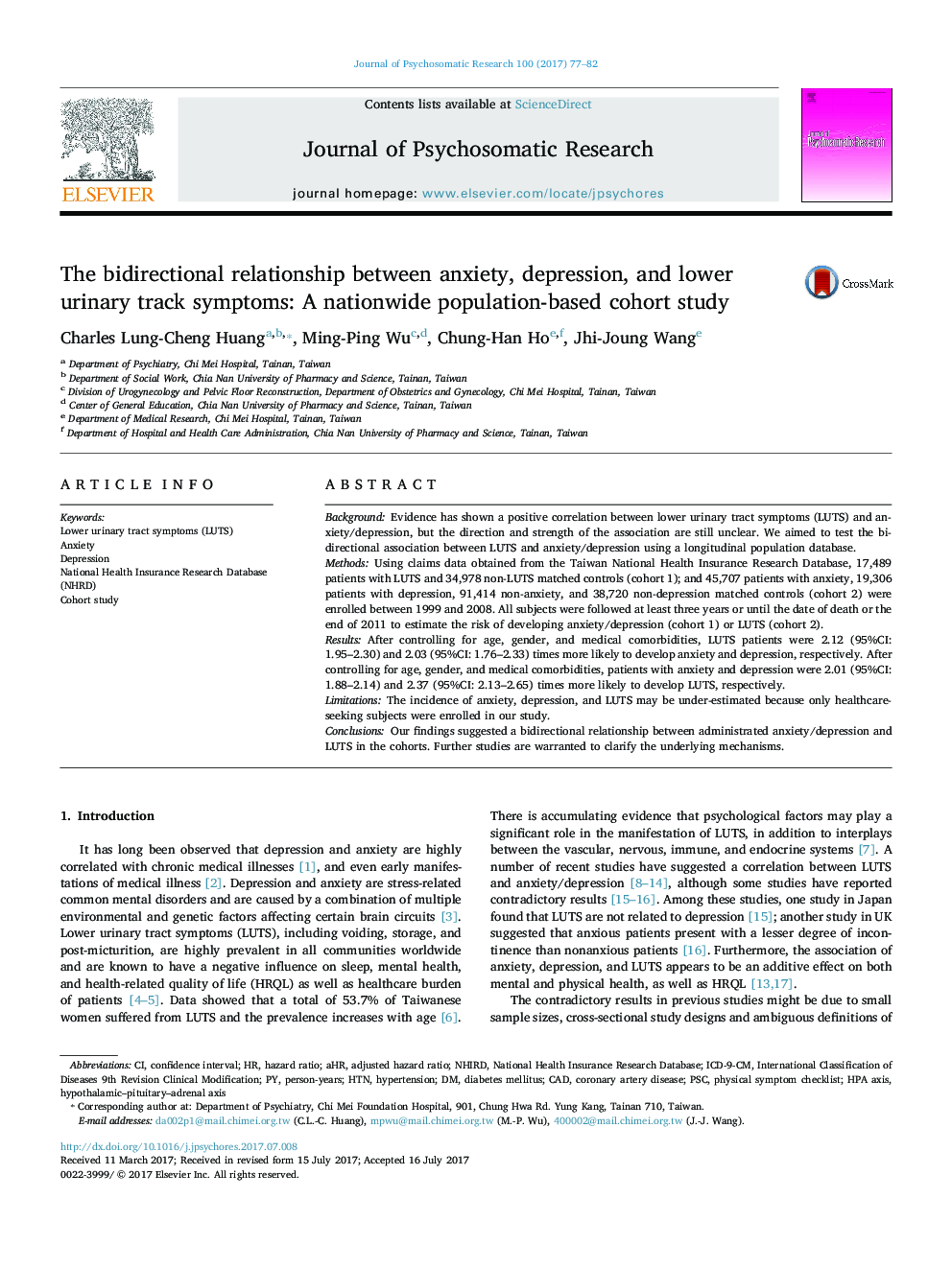 The bidirectional relationship between anxiety, depression, and lower urinary track symptoms: A nationwide population-based cohort study