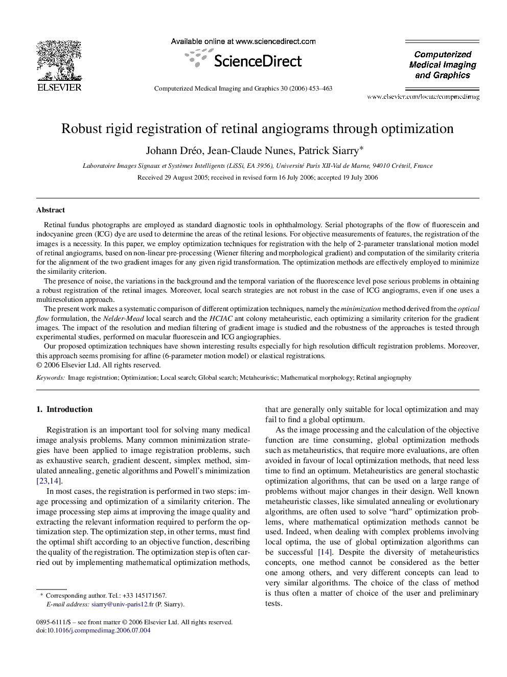 Robust rigid registration of retinal angiograms through optimization