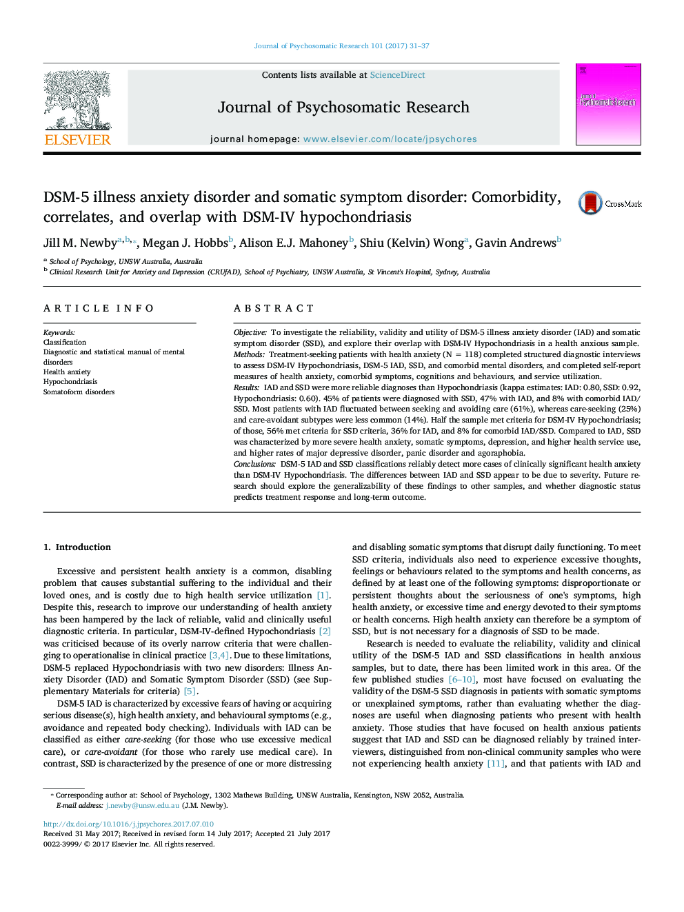 DSM-5 illness anxiety disorder and somatic symptom disorder: Comorbidity, correlates, and overlap with DSM-IV hypochondriasis