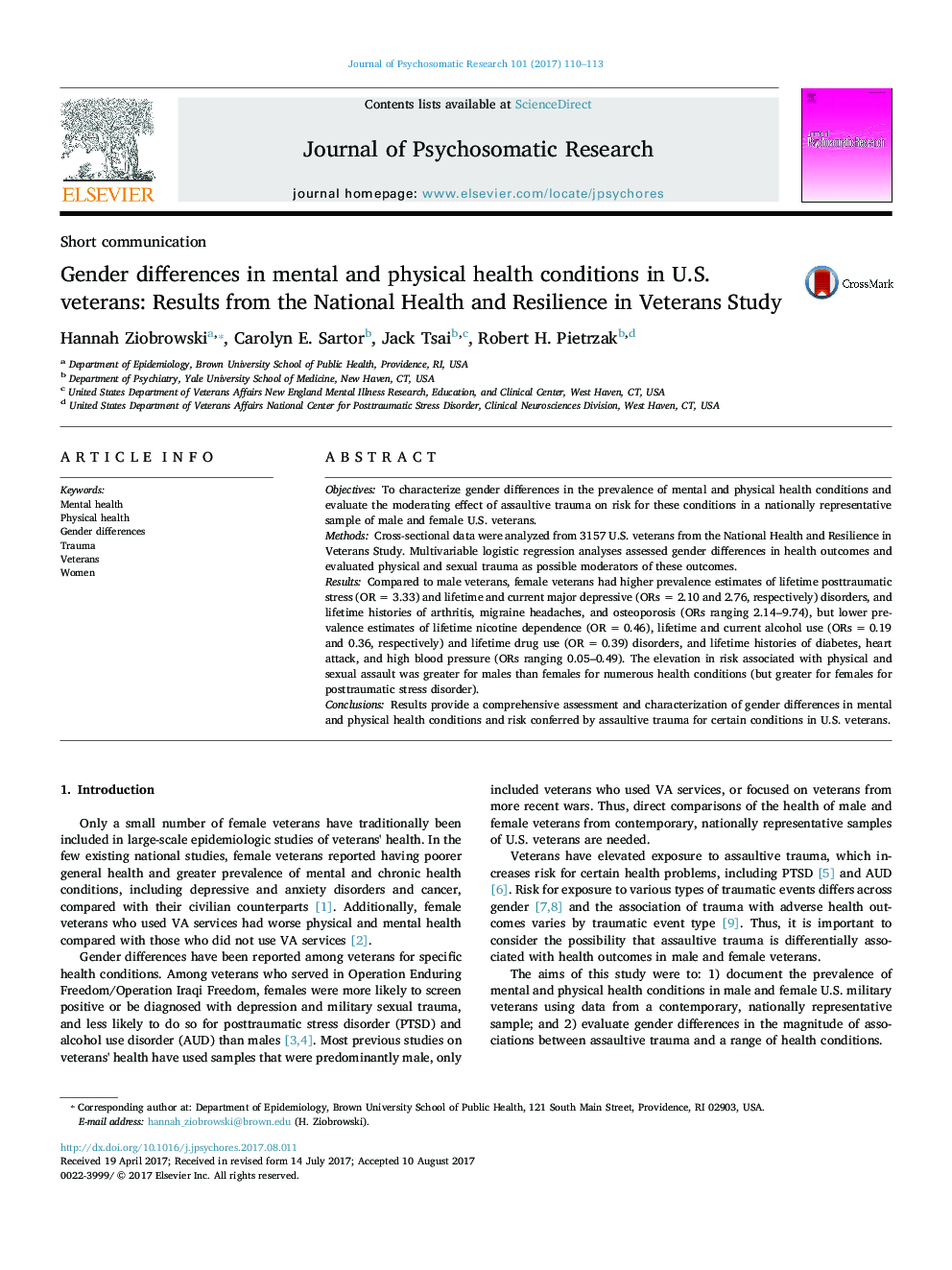 تفاوت های جنسیتی در شرایط سلامت روانی و جسمی در جانبازان آمریکایی: نتایج بهداشت و انعطاف پذیری ملی در مطالعه جانبازان 