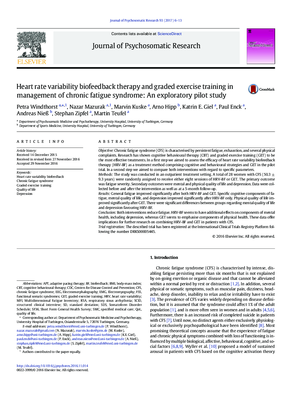 Heart rate variability biofeedback therapy and graded exercise training in management of chronic fatigue syndrome: An exploratory pilot study