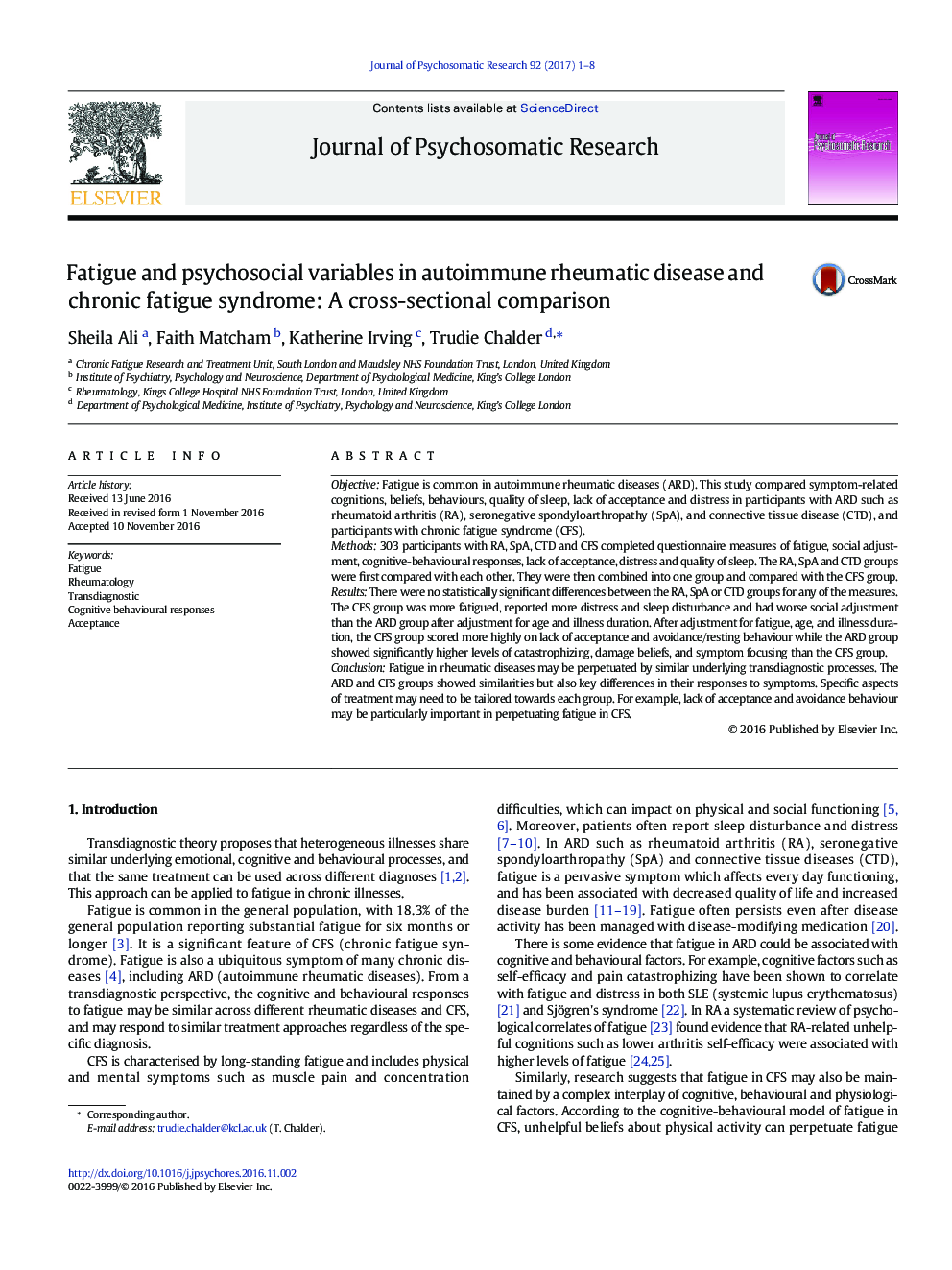 خستگی و متغیرهای روان شناختی در بیماری های روماتیسمی خودایمنی و سندرم خستگی مزمن: مقایسه مقطعی 