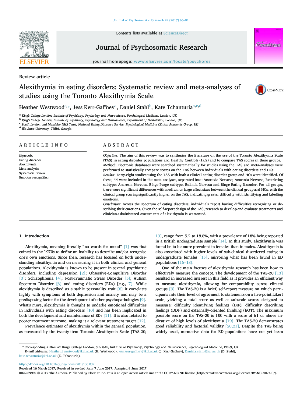 Alexithymia in eating disorders: Systematic review and meta-analyses of studies using the Toronto Alexithymia Scale