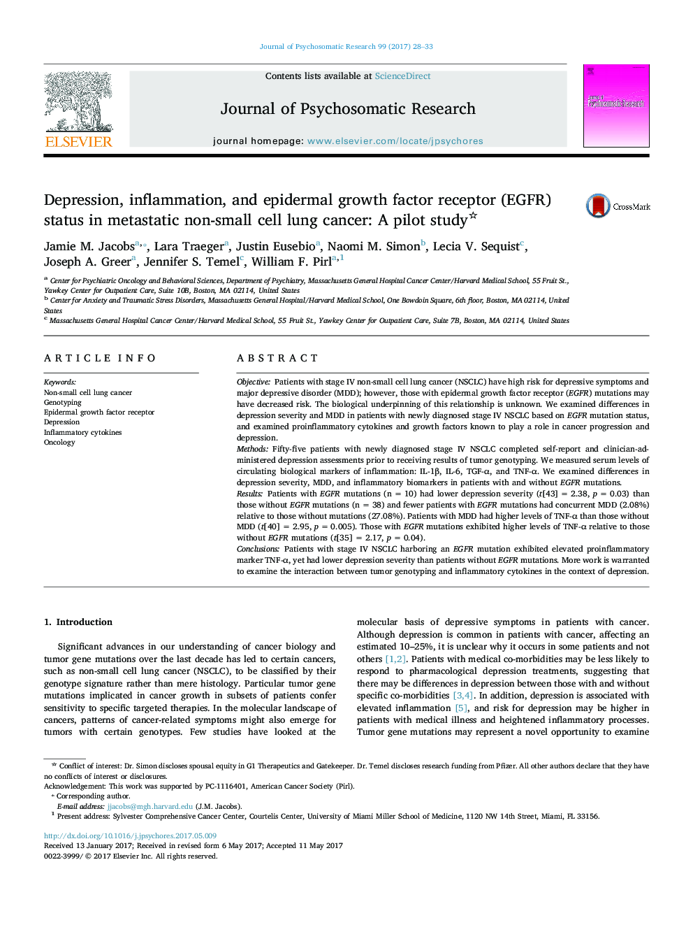 Depression, inflammation, and epidermal growth factor receptor (EGFR) status in metastatic non-small cell lung cancer: A pilot study