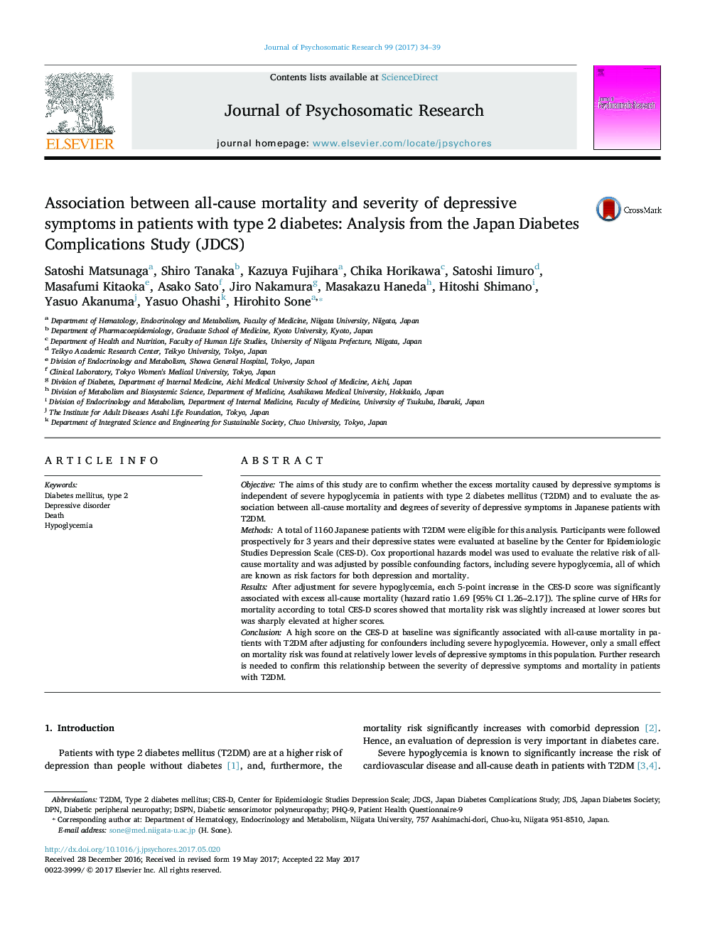 Association between all-cause mortality and severity of depressive symptoms in patients with type 2 diabetes: Analysis from the Japan Diabetes Complications Study (JDCS)