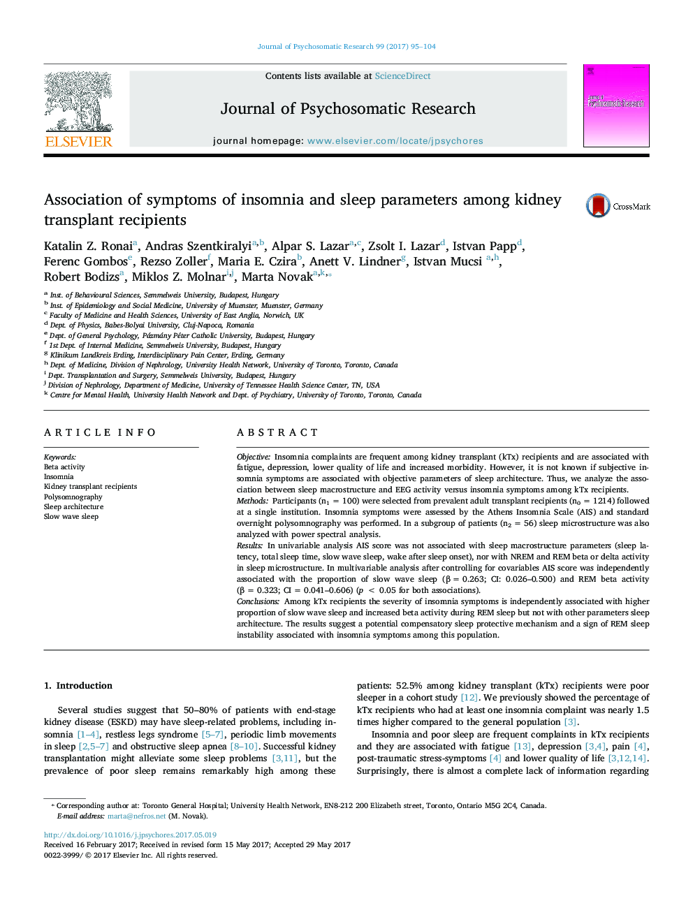 Association of symptoms of insomnia and sleep parameters among kidney transplant recipients