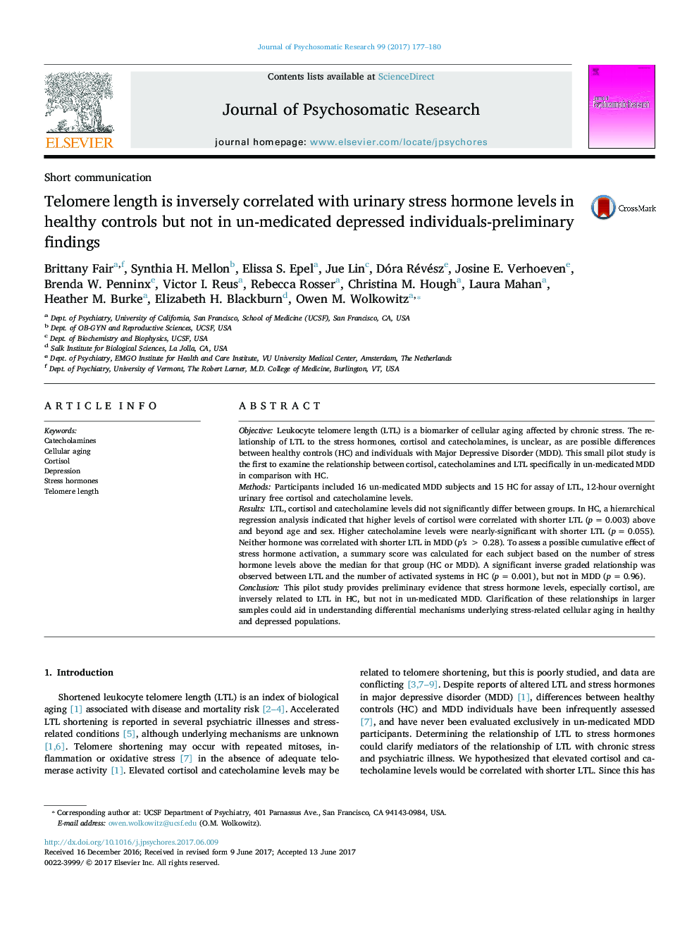 Telomere length is inversely correlated with urinary stress hormone levels in healthy controls but not in un-medicated depressed individuals-preliminary findings