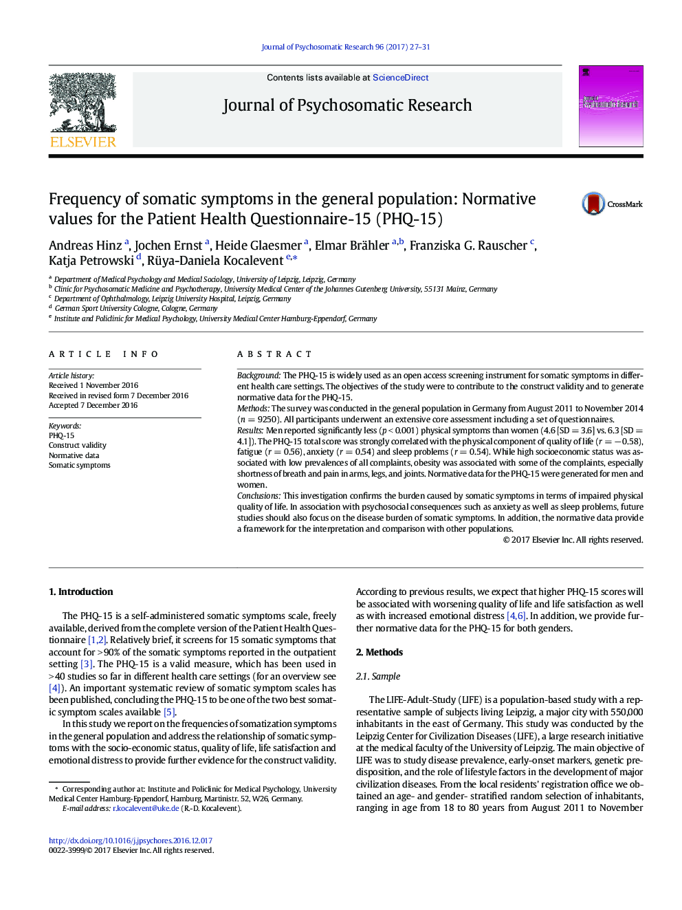 Frequency of somatic symptoms in the general population: Normative values for the Patient Health Questionnaire-15 (PHQ-15)