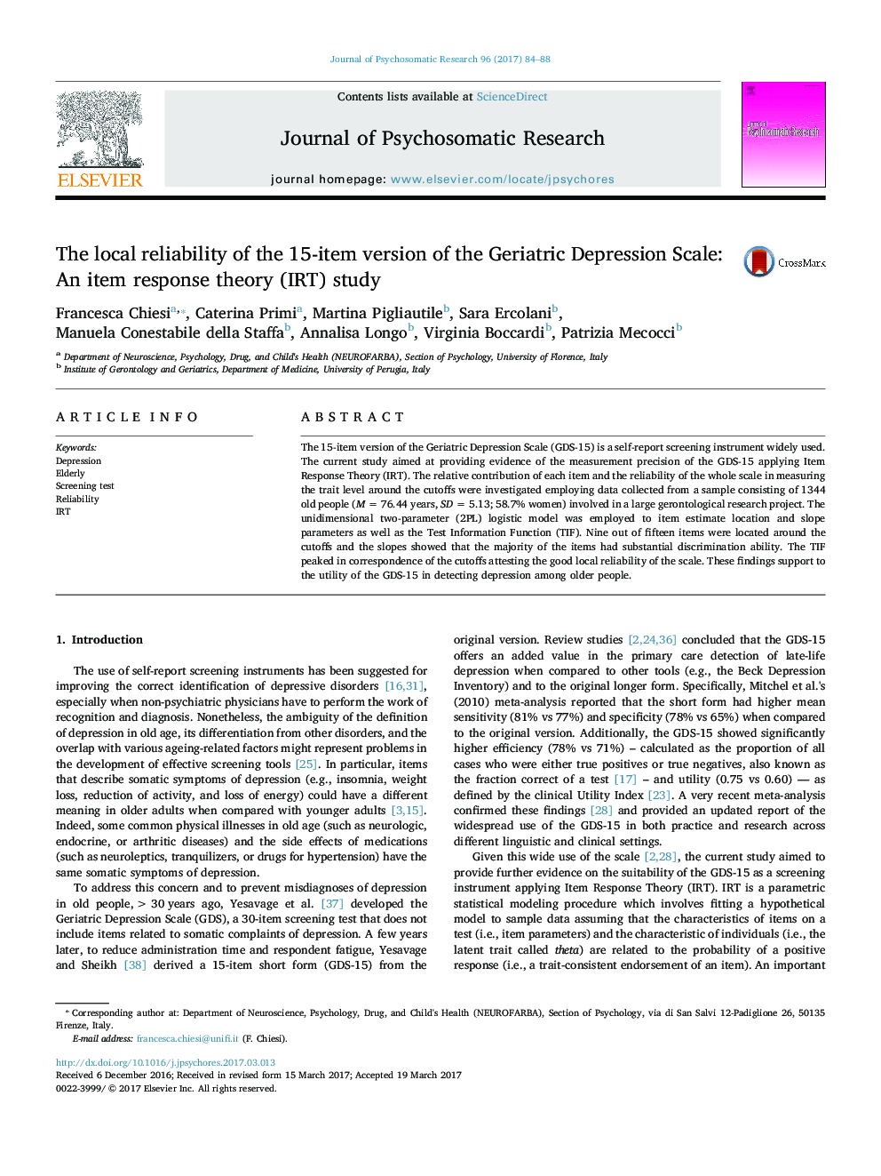 The local reliability of the 15-item version of the Geriatric Depression Scale: An item response theory (IRT) study