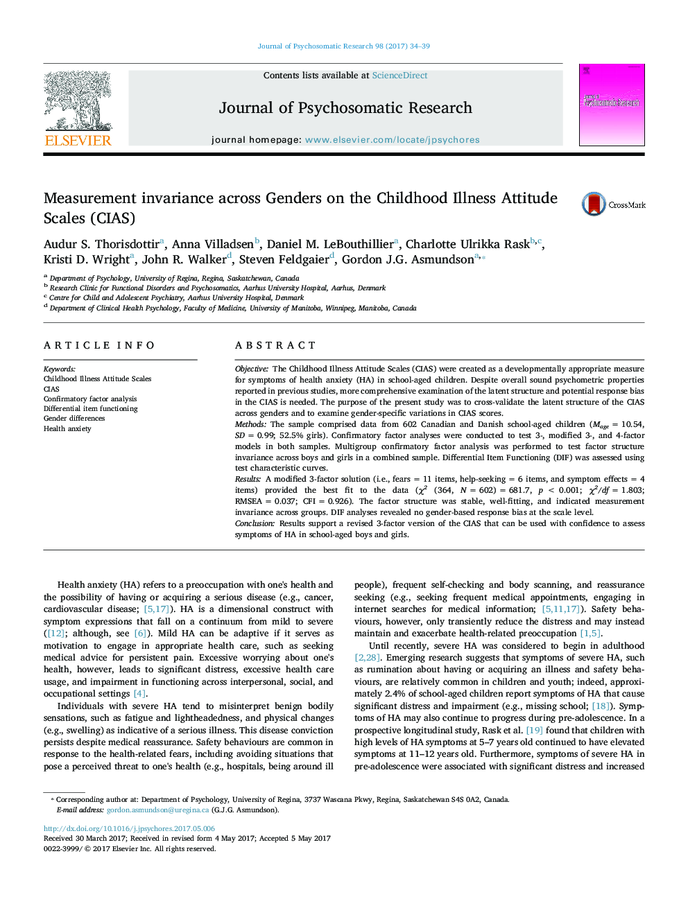 Measurement invariance across Genders on the Childhood Illness Attitude Scales (CIAS)