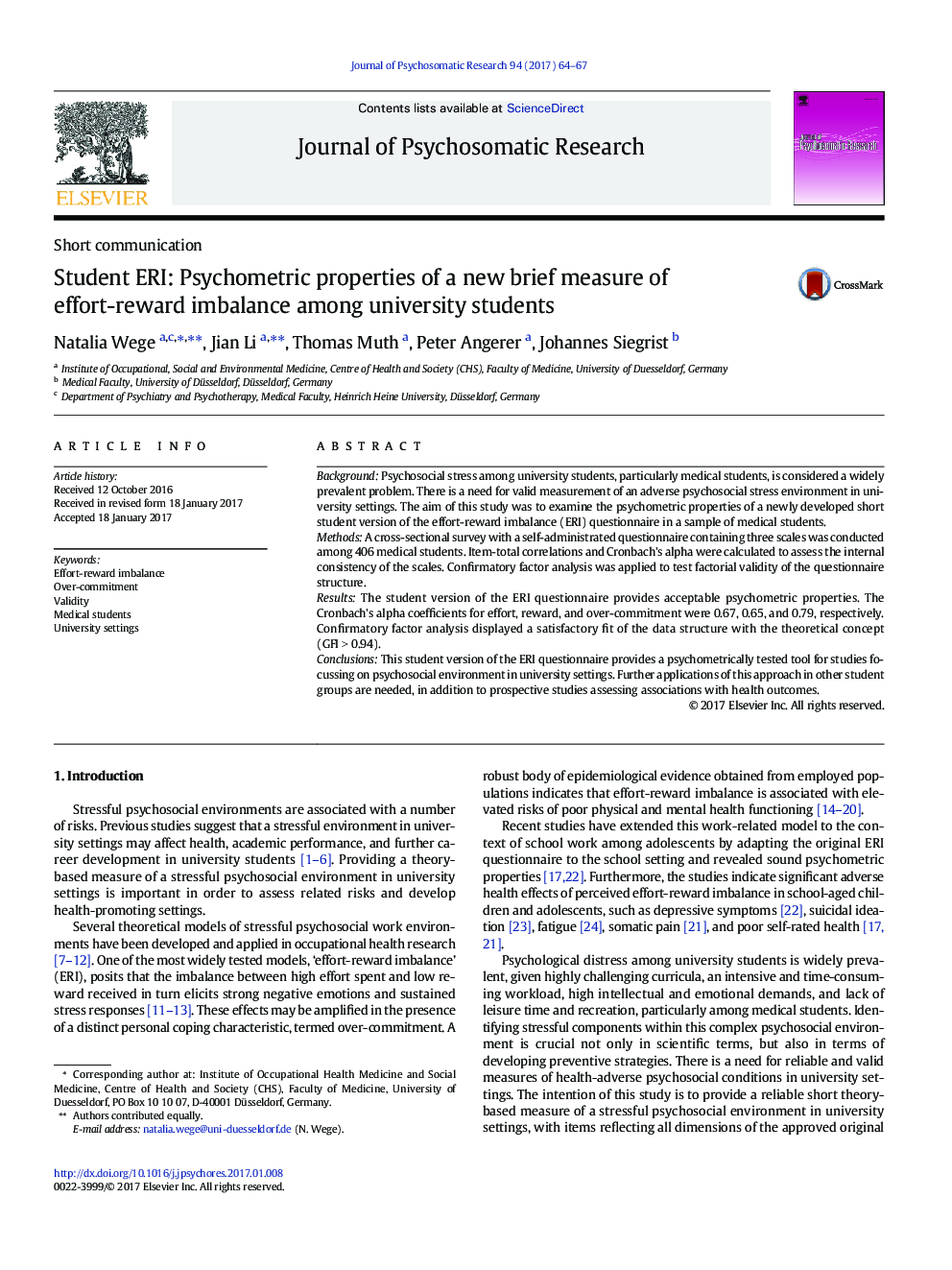 Student ERI: Psychometric properties of a new brief measure of effort-reward imbalance among university students