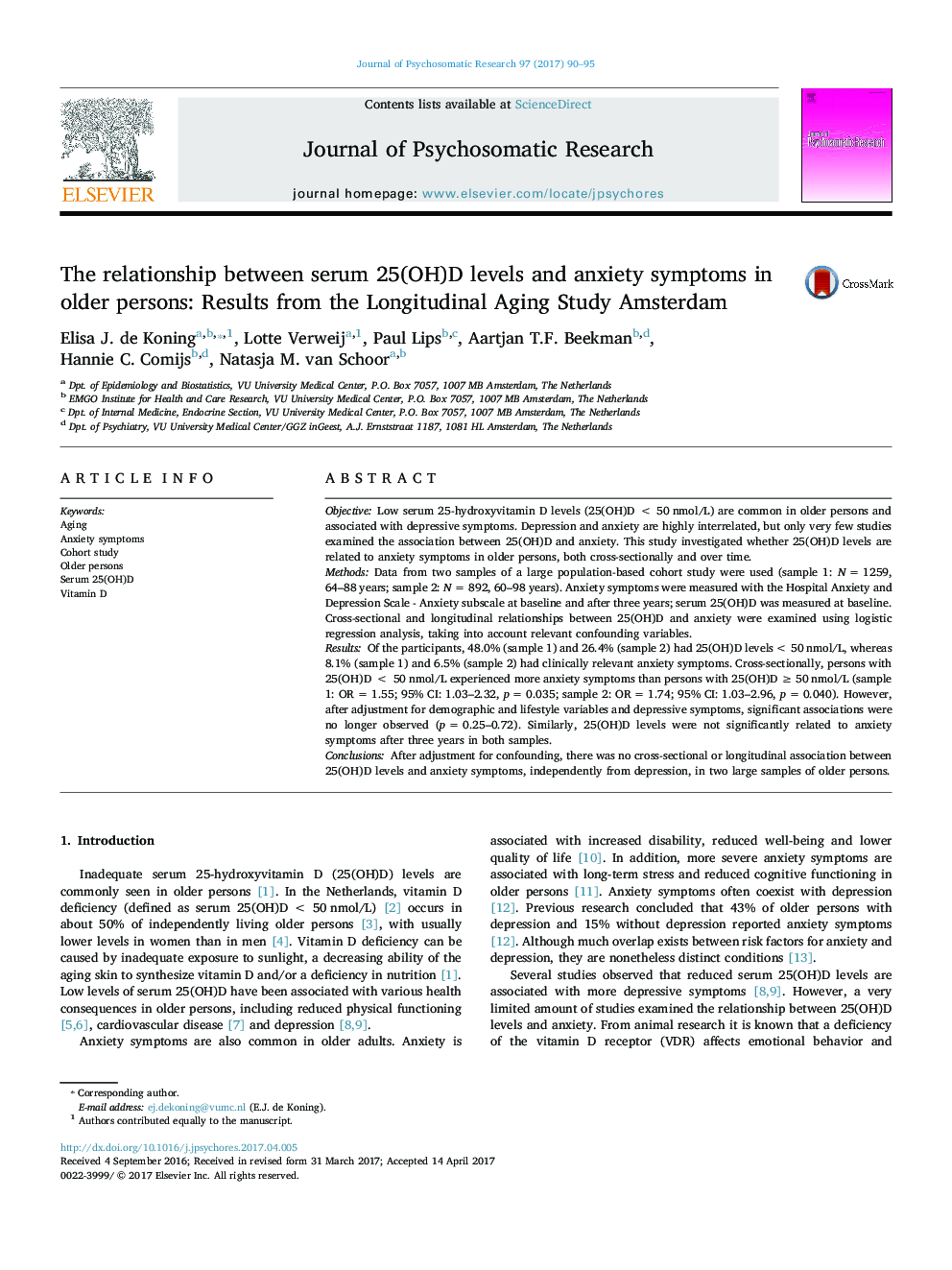 The relationship between serum 25(OH)D levels and anxiety symptoms in older persons: Results from the Longitudinal Aging Study Amsterdam