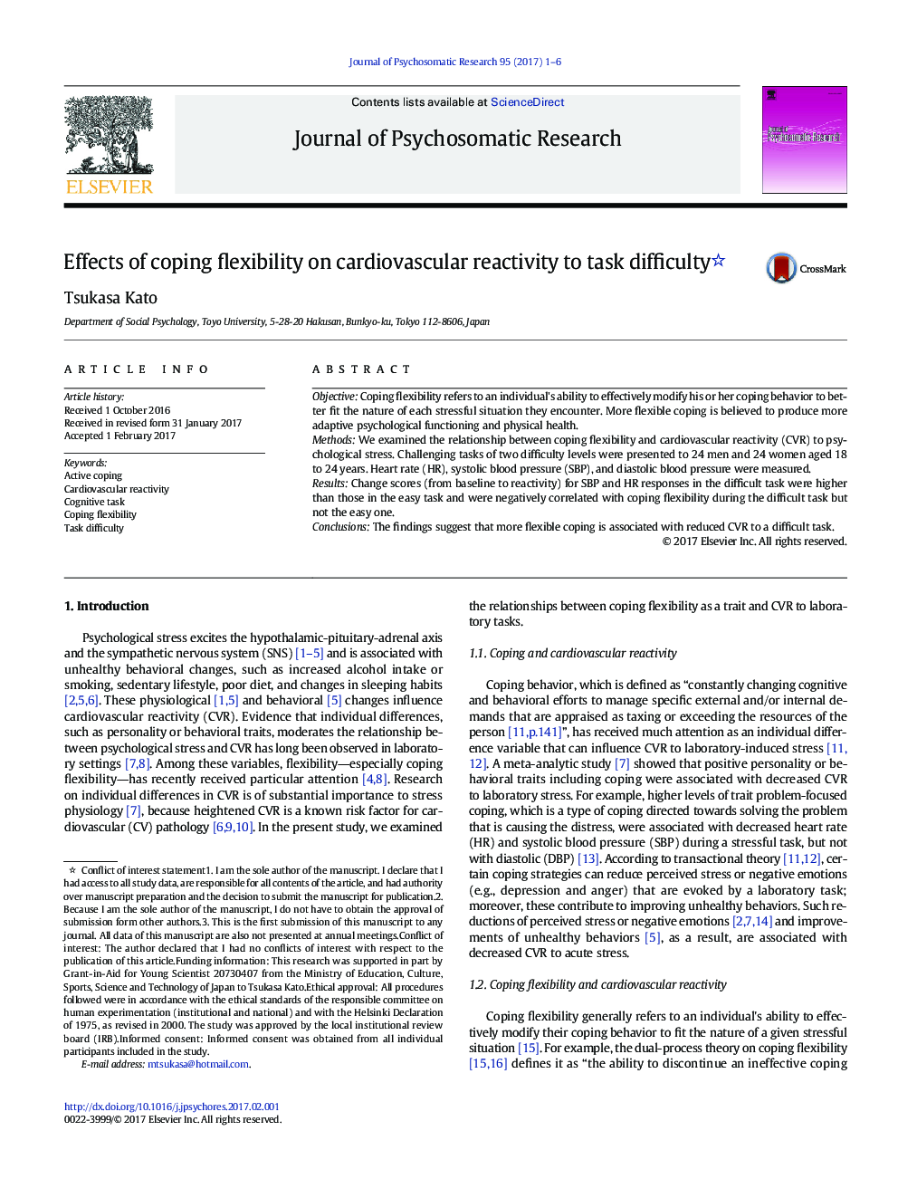 Effects of coping flexibility on cardiovascular reactivity to task difficulty