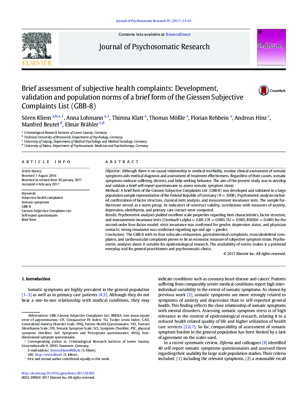 Brief assessment of subjective health complaints: Development, validation and population norms of a brief form of the Giessen Subjective Complaints List (GBB-8)