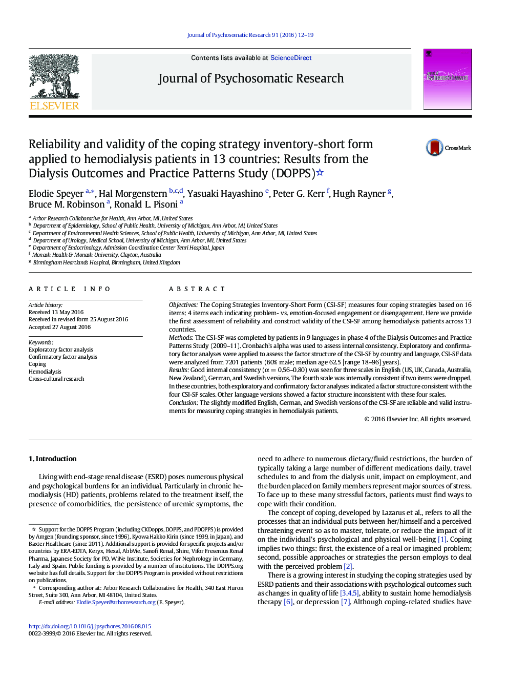 Reliability and validity of the coping strategy inventory-short form applied to hemodialysis patients in 13 countries: Results from the Dialysis Outcomes and Practice Patterns Study (DOPPS)