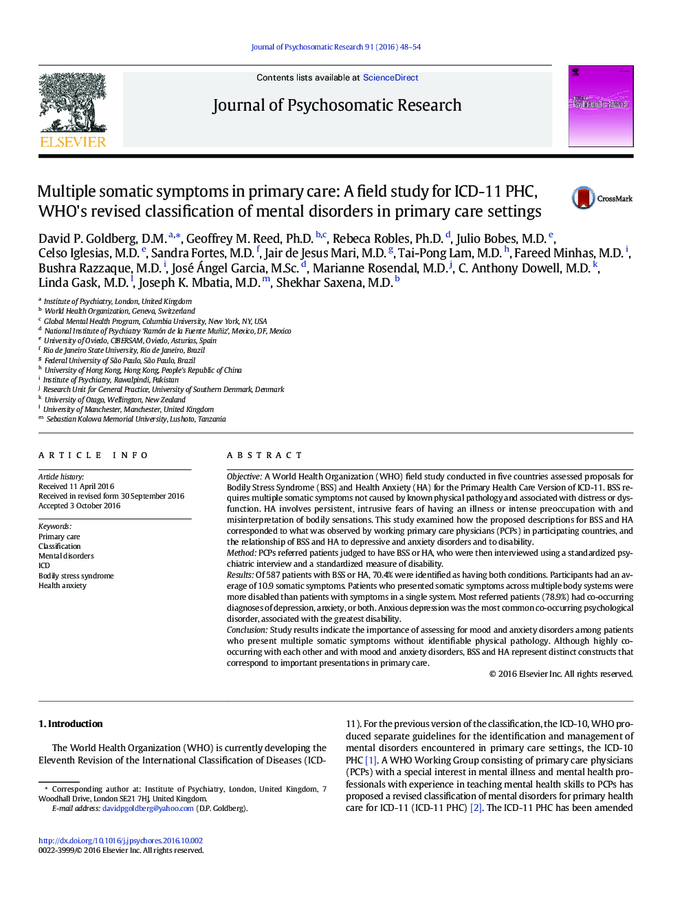 Multiple somatic symptoms in primary care: A field study for ICD-11 PHC, WHO's revised classification of mental disorders in primary care settings