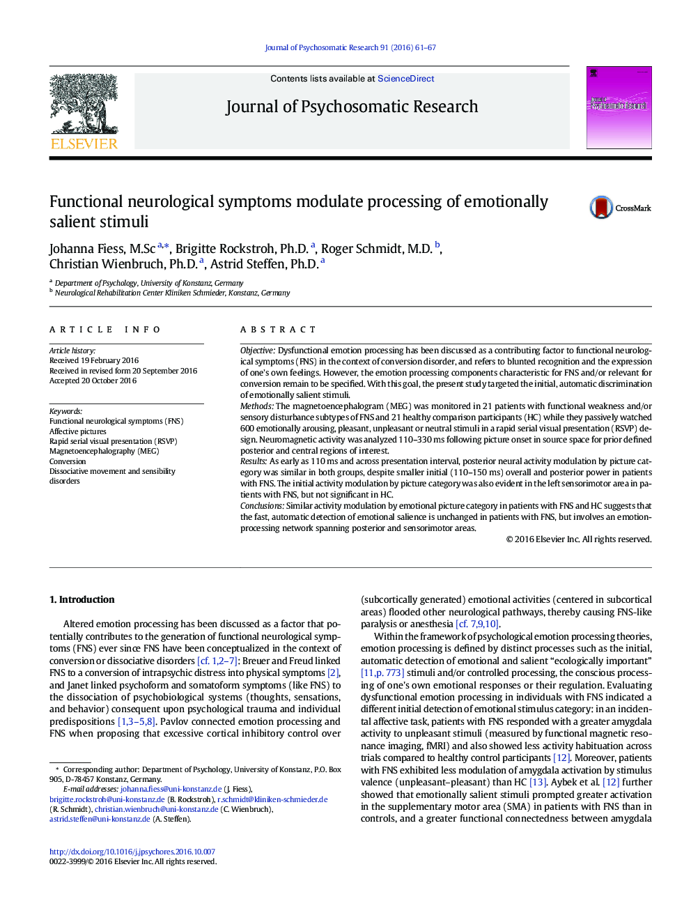 Functional neurological symptoms modulate processing of emotionally salient stimuli