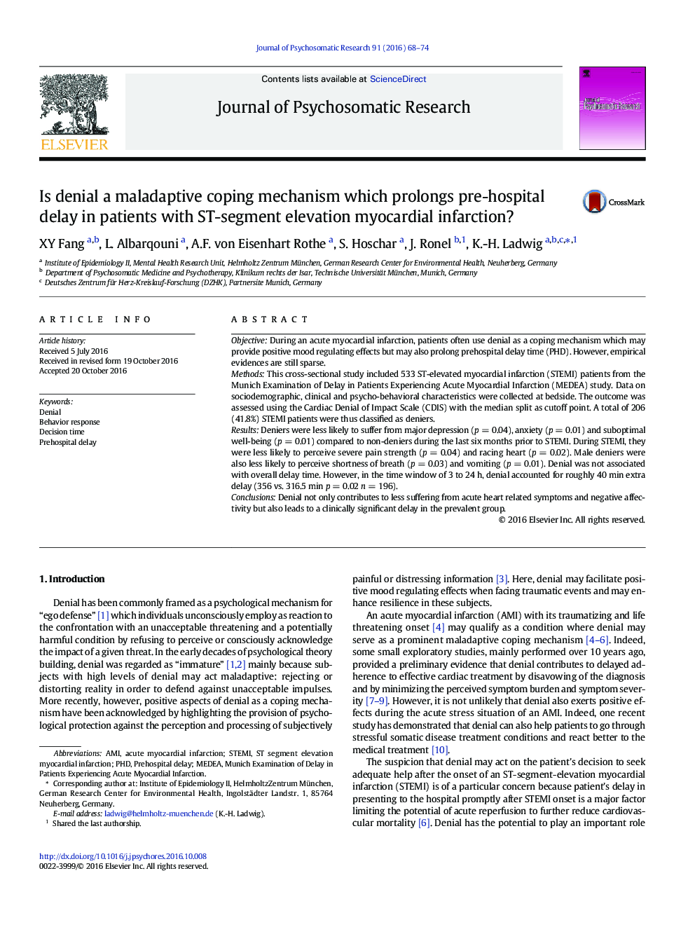 Is denial a maladaptive coping mechanism which prolongs pre-hospital delay in patients with ST-segment elevation myocardial infarction?