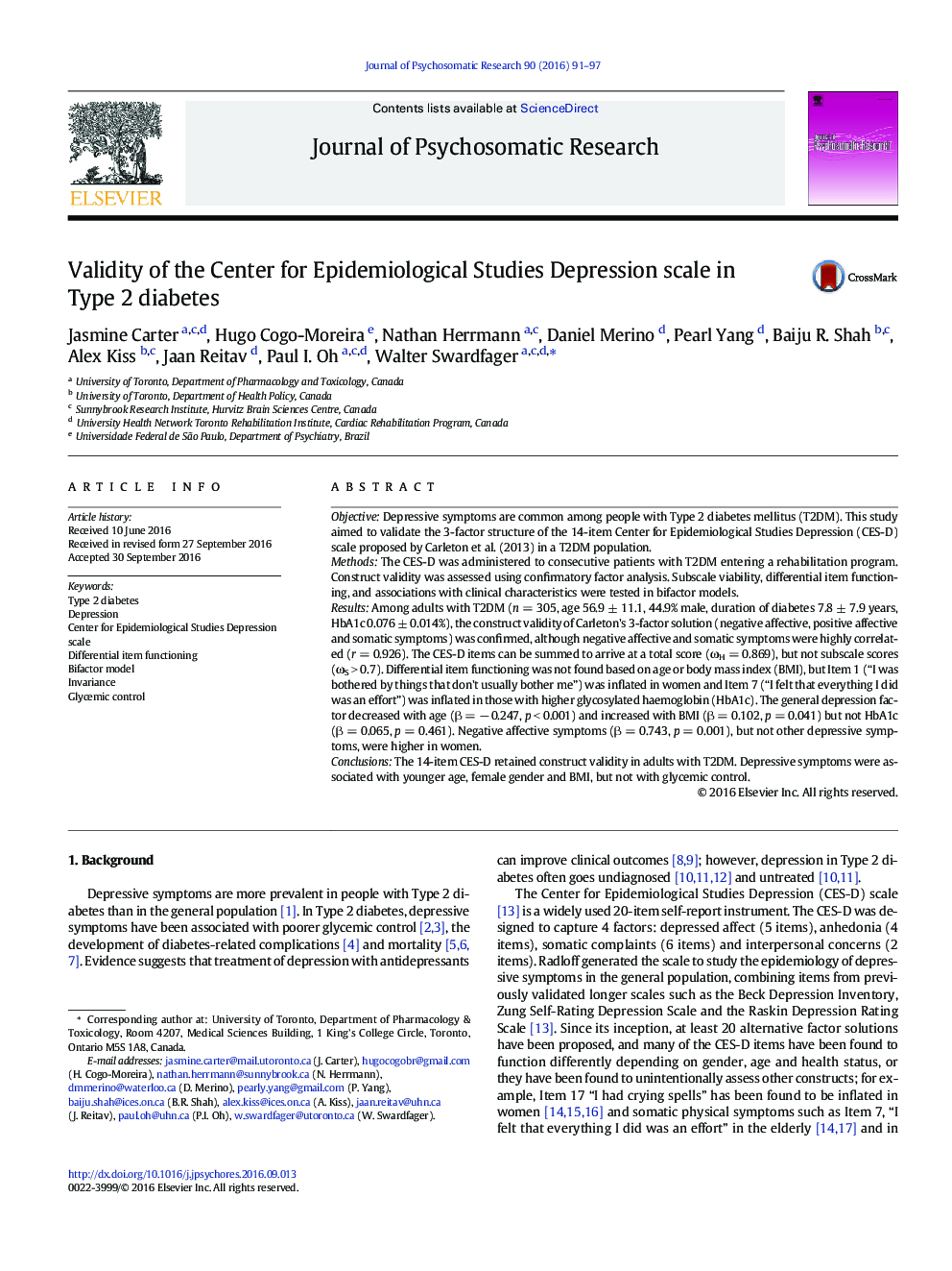 Validity of the Center for Epidemiological Studies Depression scale in Type 2 diabetes