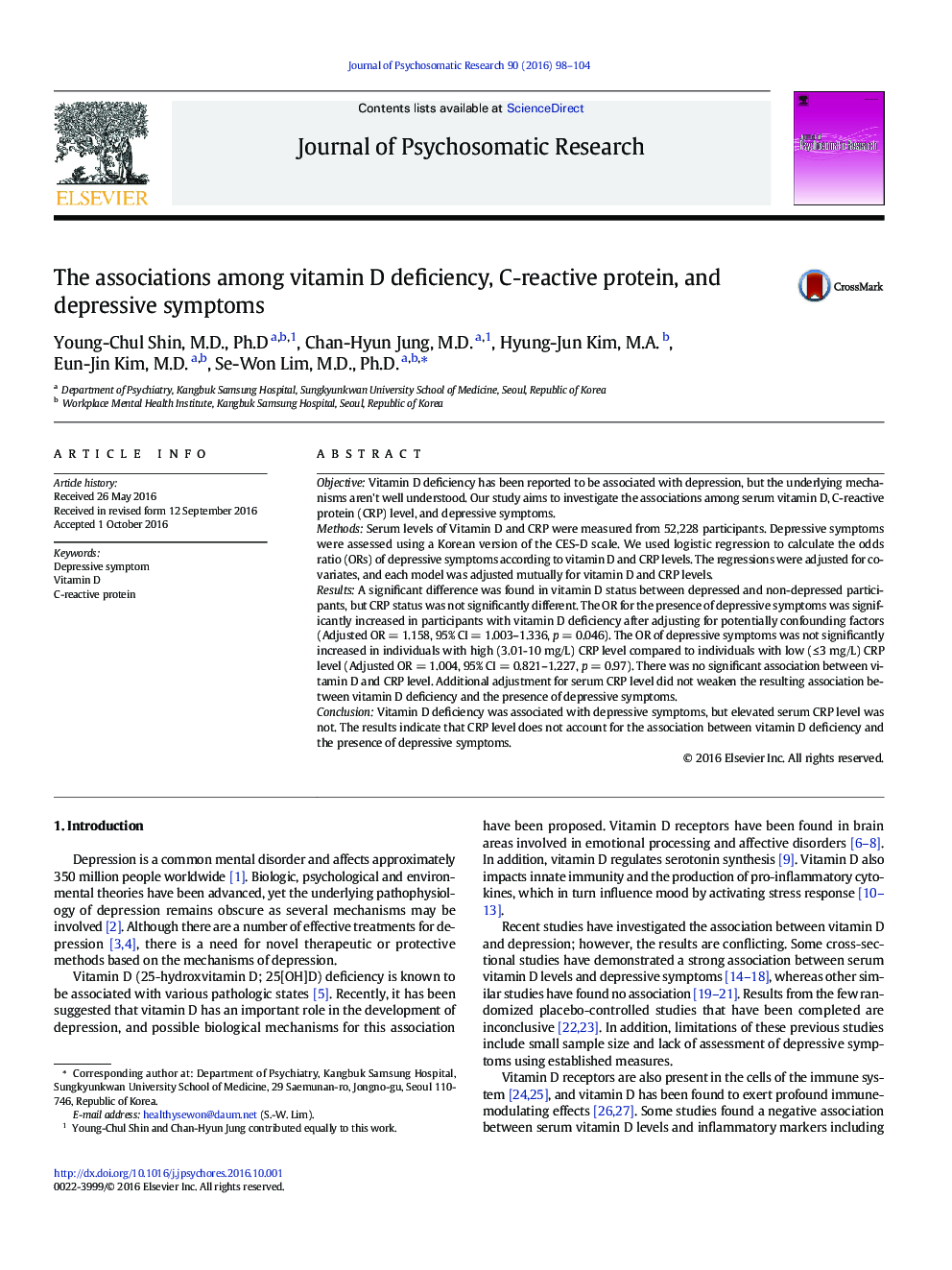 The associations among vitamin D deficiency, C-reactive protein, and depressive symptoms