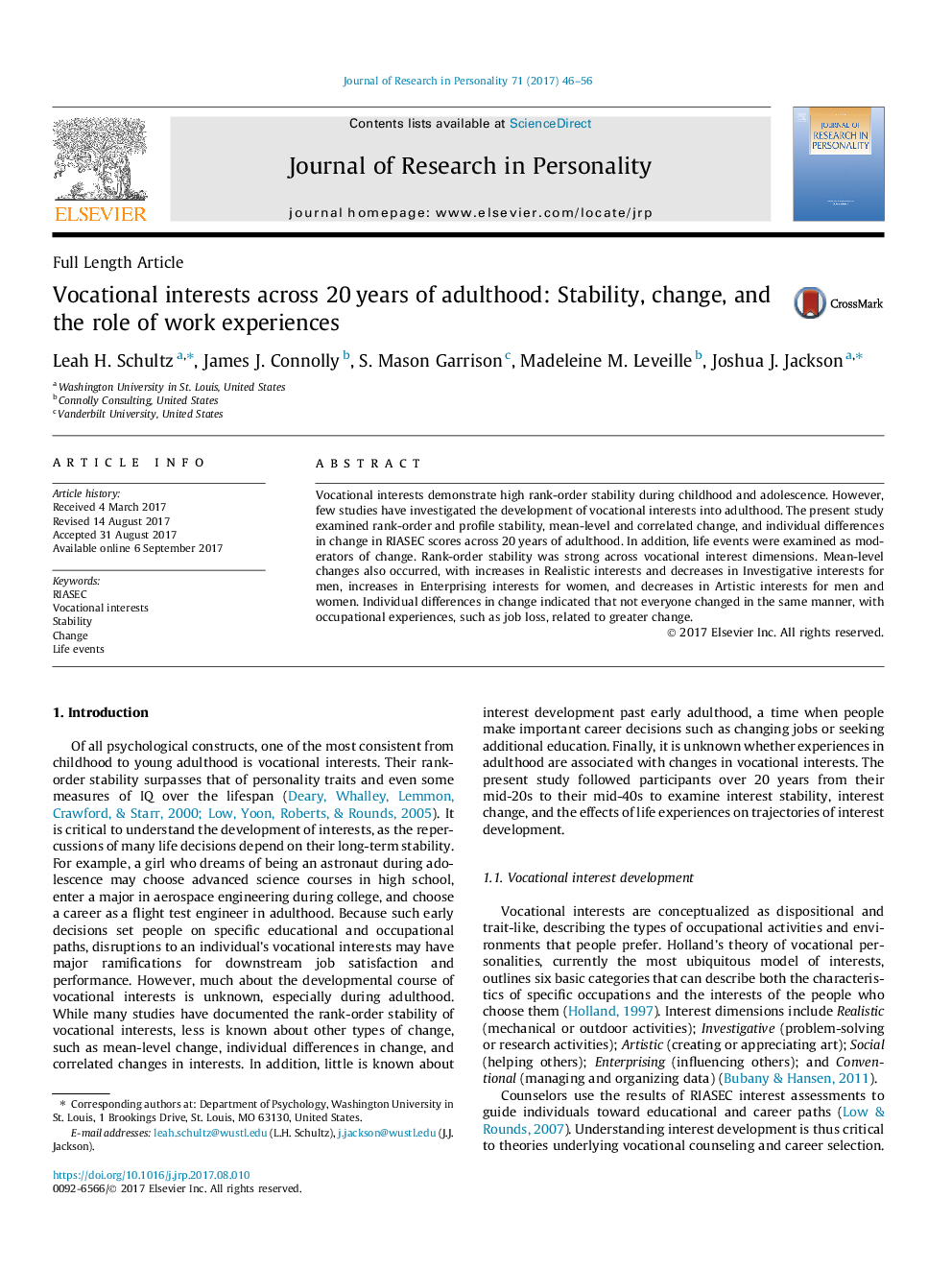 Vocational interests across 20 years of adulthood: Stability, change, and the role of work experiences