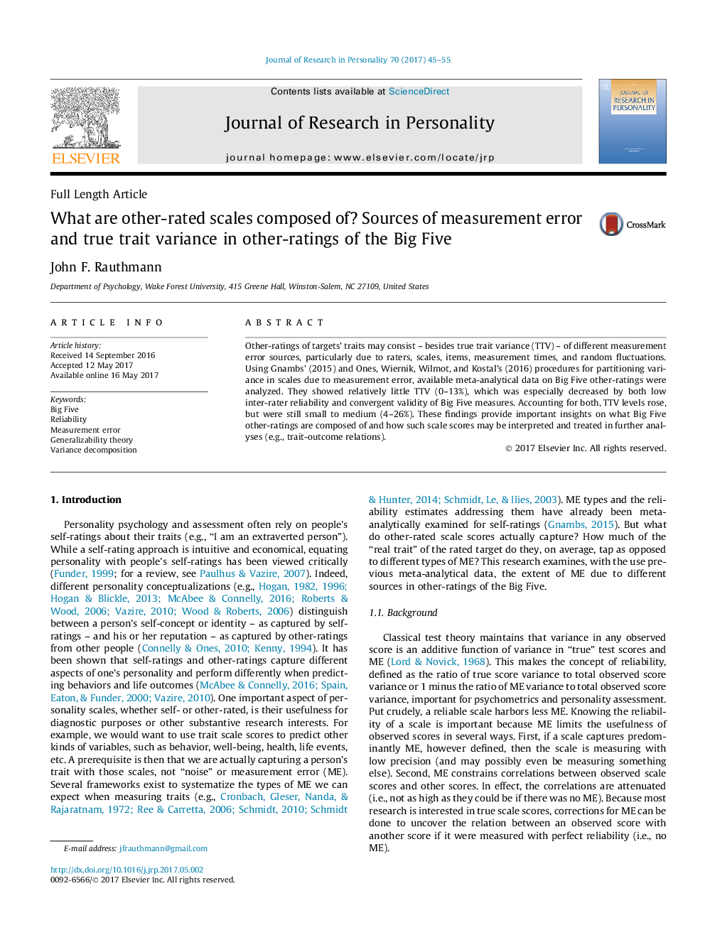 What are other-rated scales composed of? Sources of measurement error and true trait variance in other-ratings of the Big Five