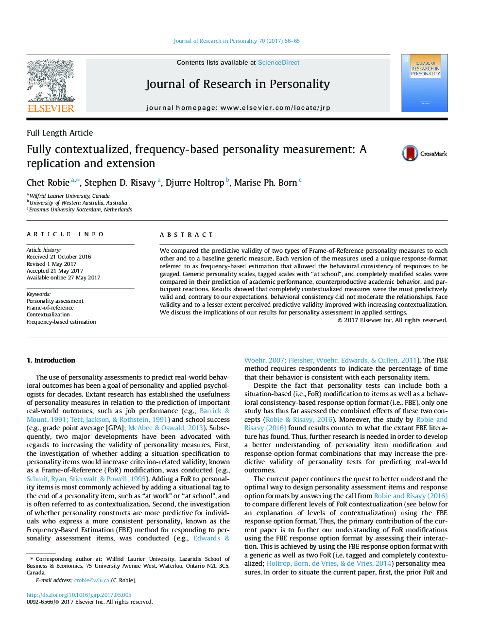 Fully contextualized, frequency-based personality measurement: A replication and extension