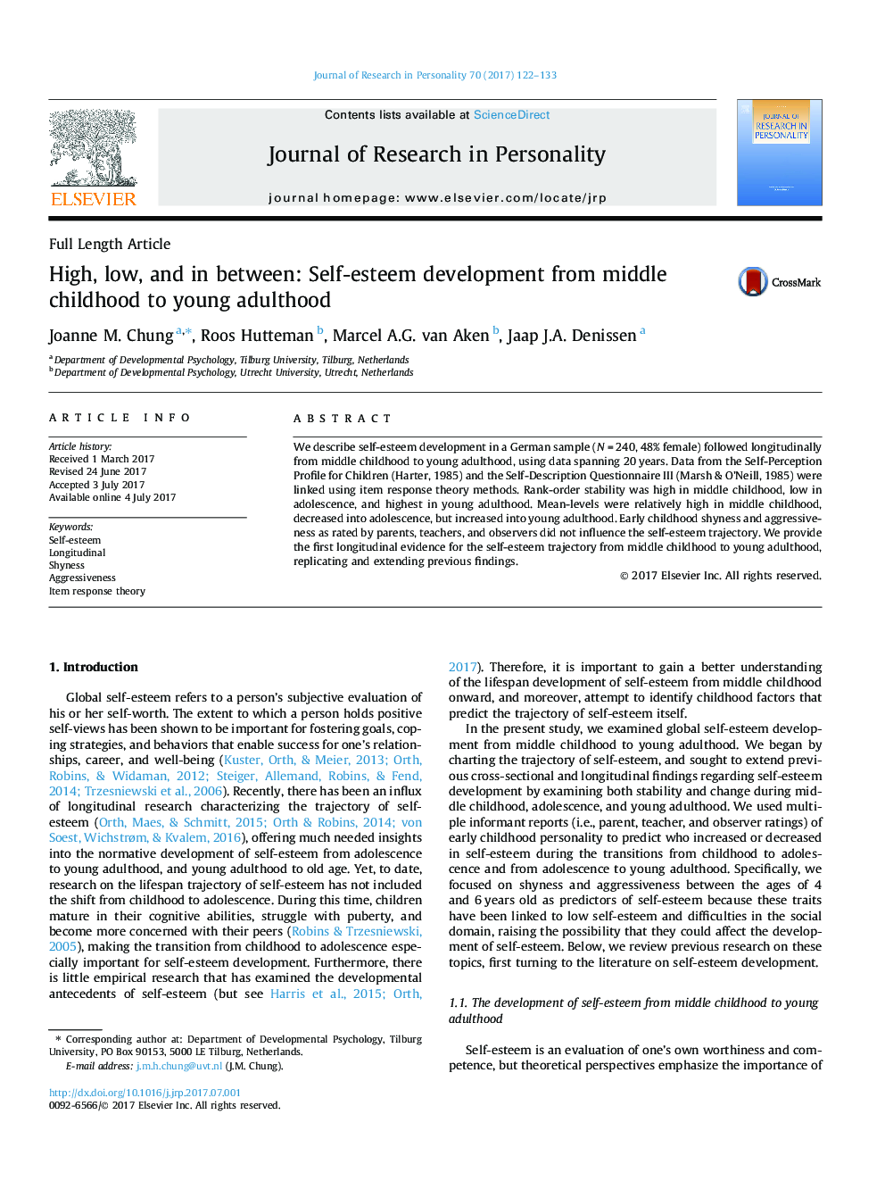 High, low, and in between: Self-esteem development from middle childhood to young adulthood