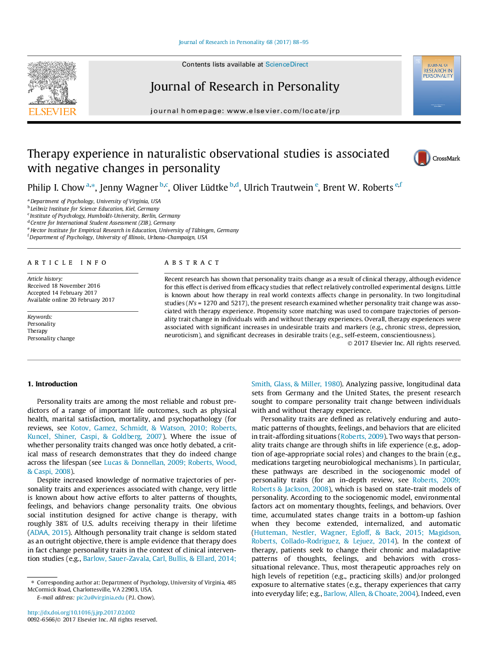 Therapy experience in naturalistic observational studies is associated with negative changes in personality