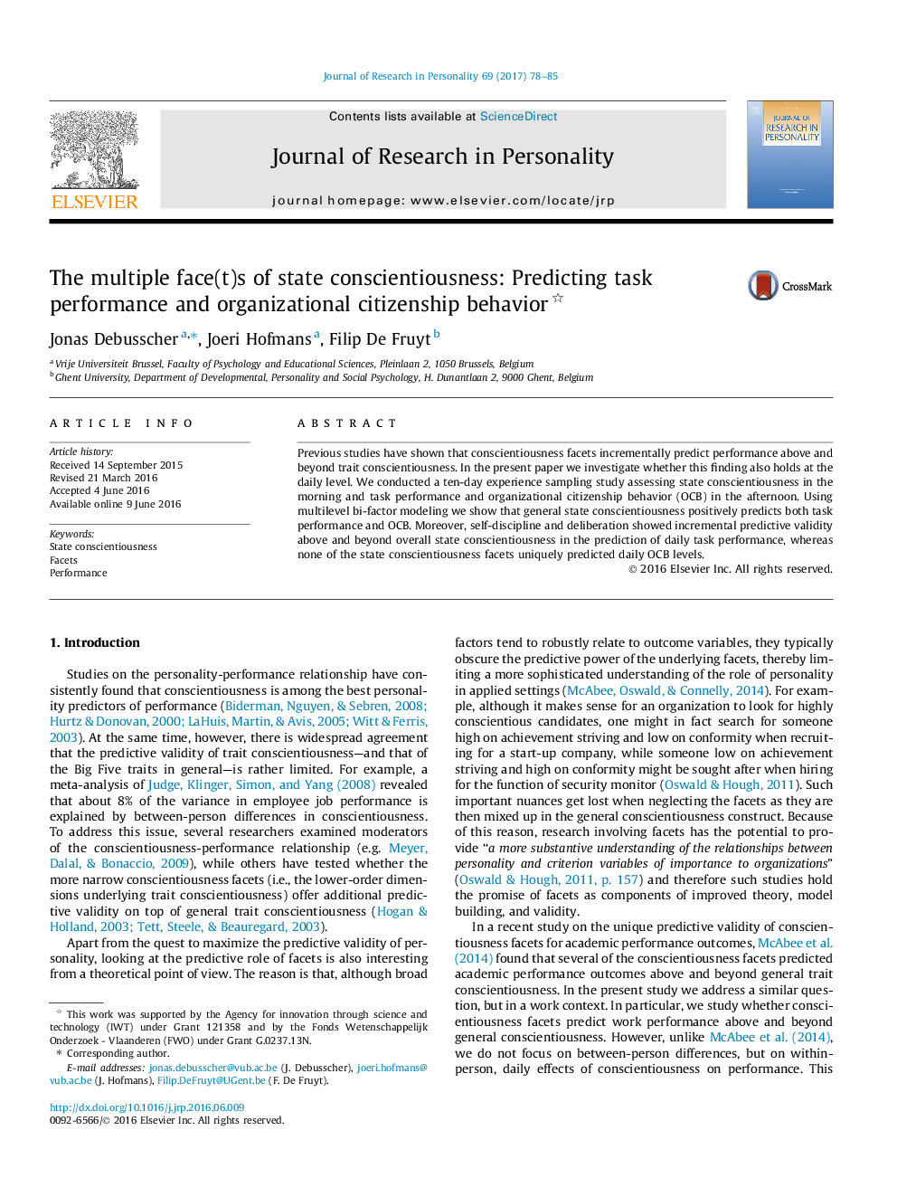 The multiple face(t)s of state conscientiousness: Predicting task performance and organizational citizenship behavior