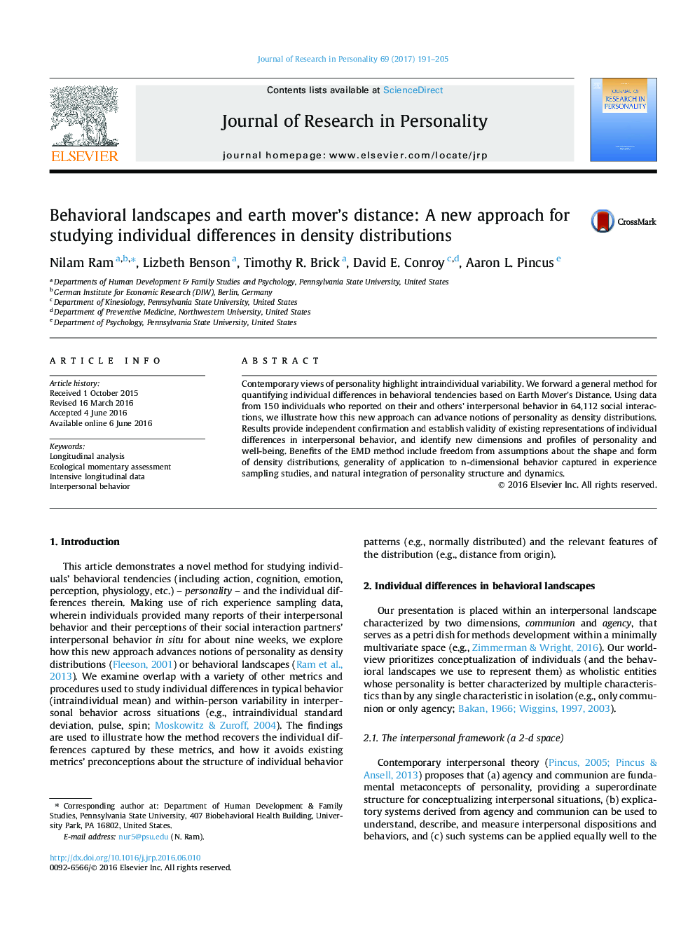 Behavioral landscapes and earth mover's distance: A new approach for studying individual differences in density distributions