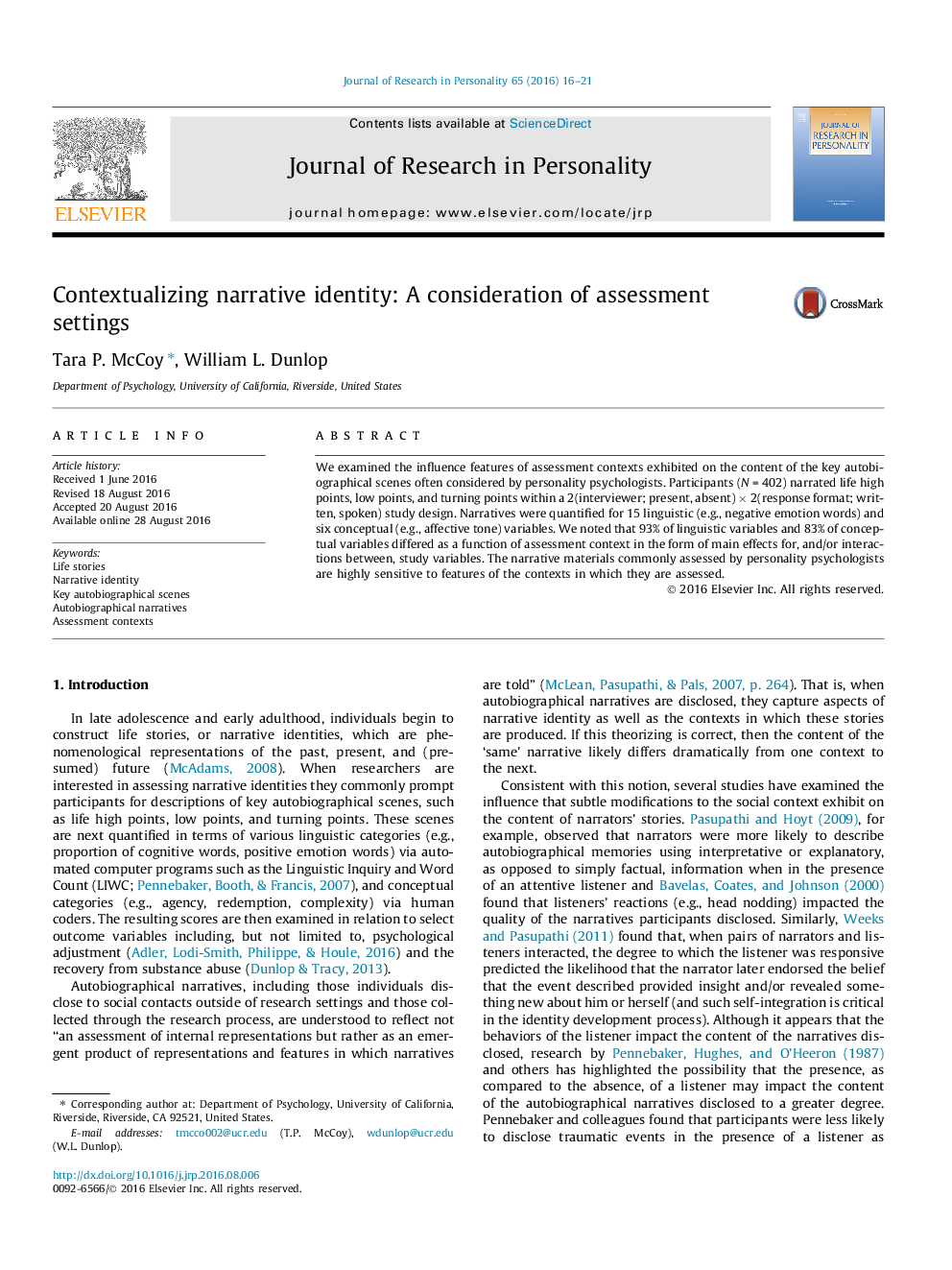 Contextualizing narrative identity: A consideration of assessment settings