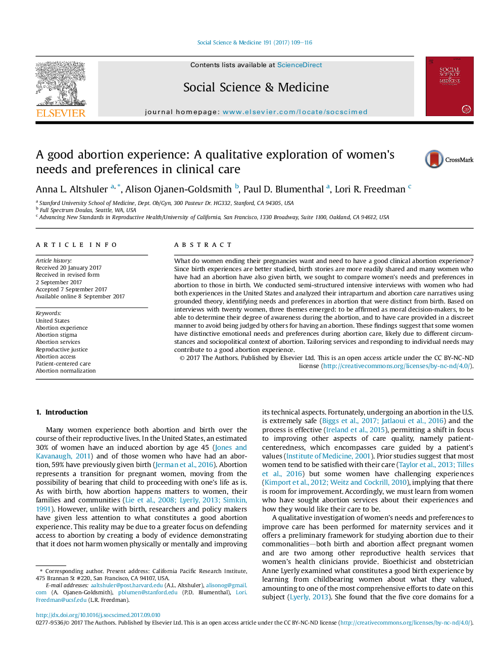 A good abortion experience: A qualitative exploration of women's needs and preferences in clinical care