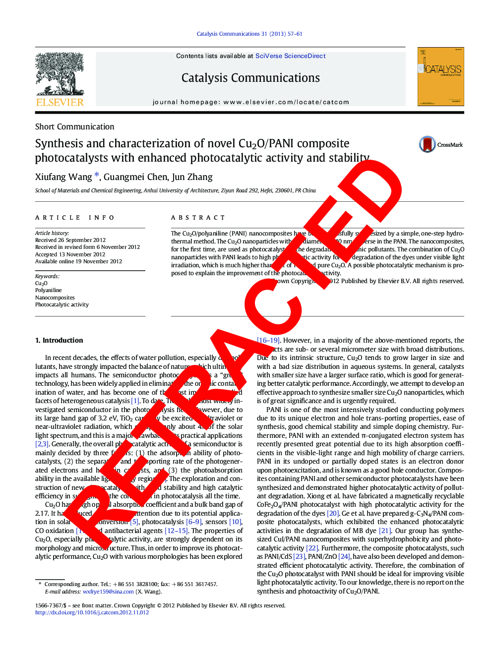 RETRACTED: Synthesis and characterization of novel Cu2O/PANI composite photocatalysts with enhanced photocatalytic activity and stability