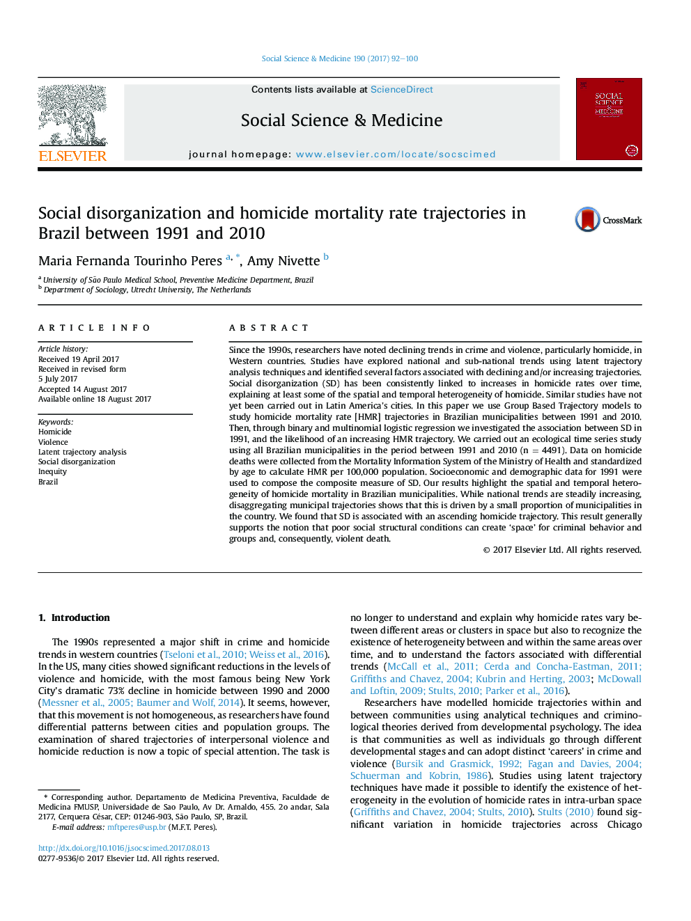 Social disorganization and homicide mortality rate trajectories in Brazil between 1991 and 2010