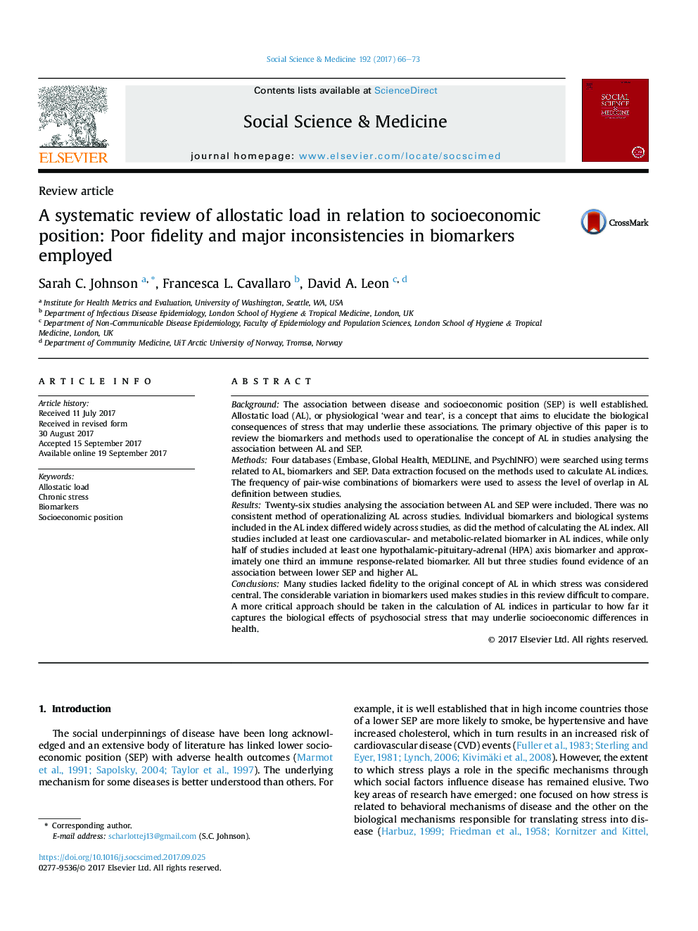 A systematic review of allostatic load in relation to socioeconomic position: Poor fidelity and major inconsistencies in biomarkers employed