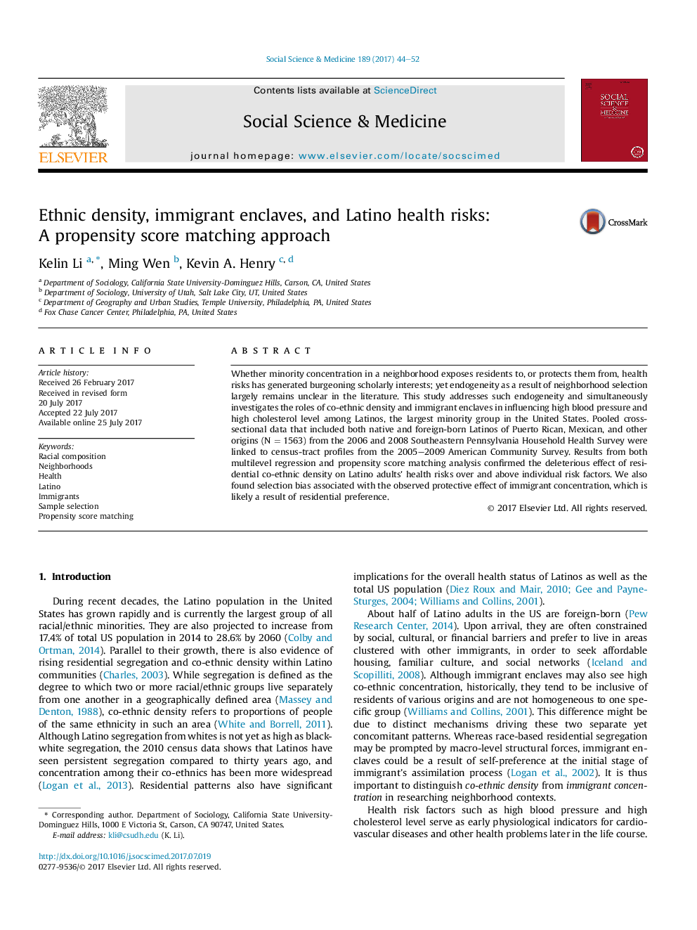 Ethnic density, immigrant enclaves, and Latino health risks: AÂ propensity score matching approach