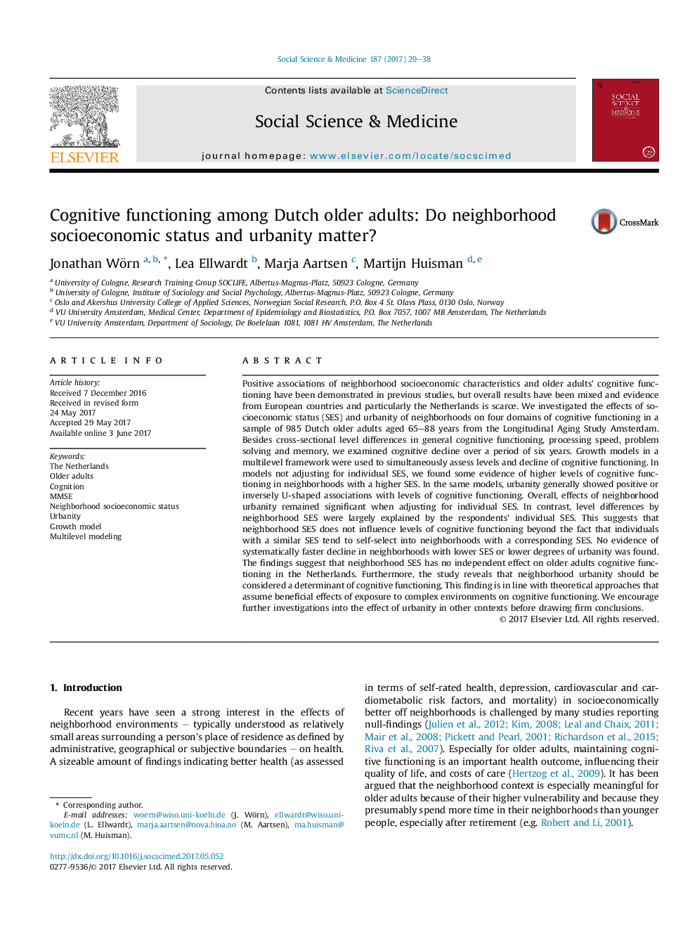 Cognitive functioning among Dutch older adults: Do neighborhood socioeconomic status and urbanity matter?