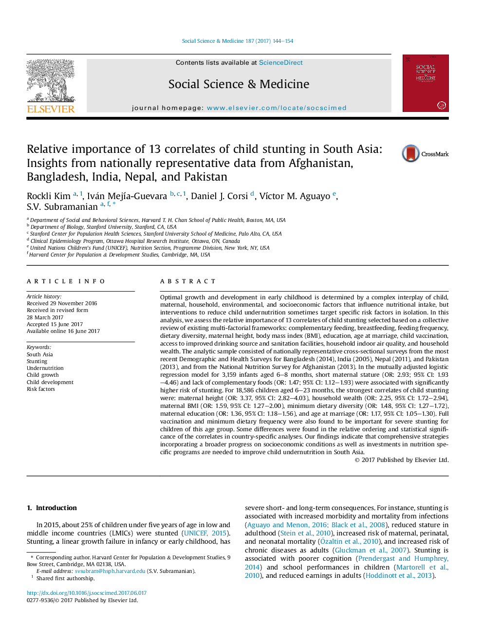 Relative importance of 13 correlates of child stunting in South Asia: Insights from nationally representative data from Afghanistan, Bangladesh, India, Nepal, and Pakistan