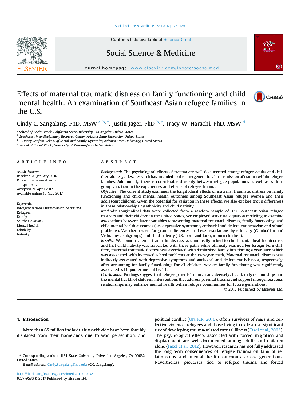 Effects of maternal traumatic distress on family functioning and child mental health: An examination of Southeast Asian refugee families in the U.S.