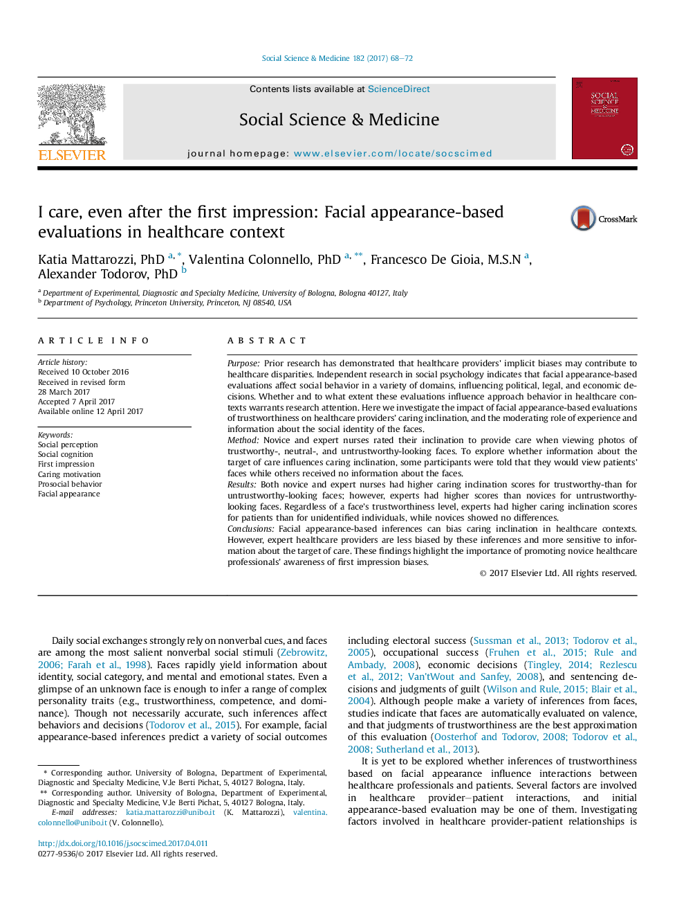 I care, even after the first impression: Facial appearance-based evaluations in healthcare context