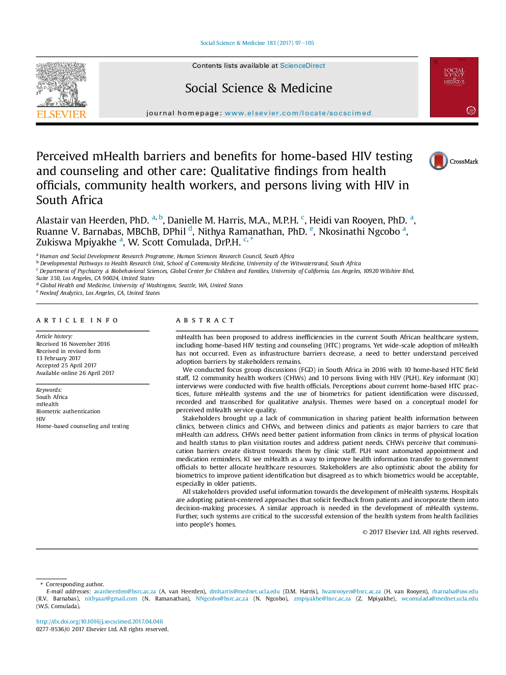 Perceived mHealth barriers and benefits for home-based HIV testing and counseling and other care: Qualitative findings from health officials, community health workers, and persons living with HIV in South Africa