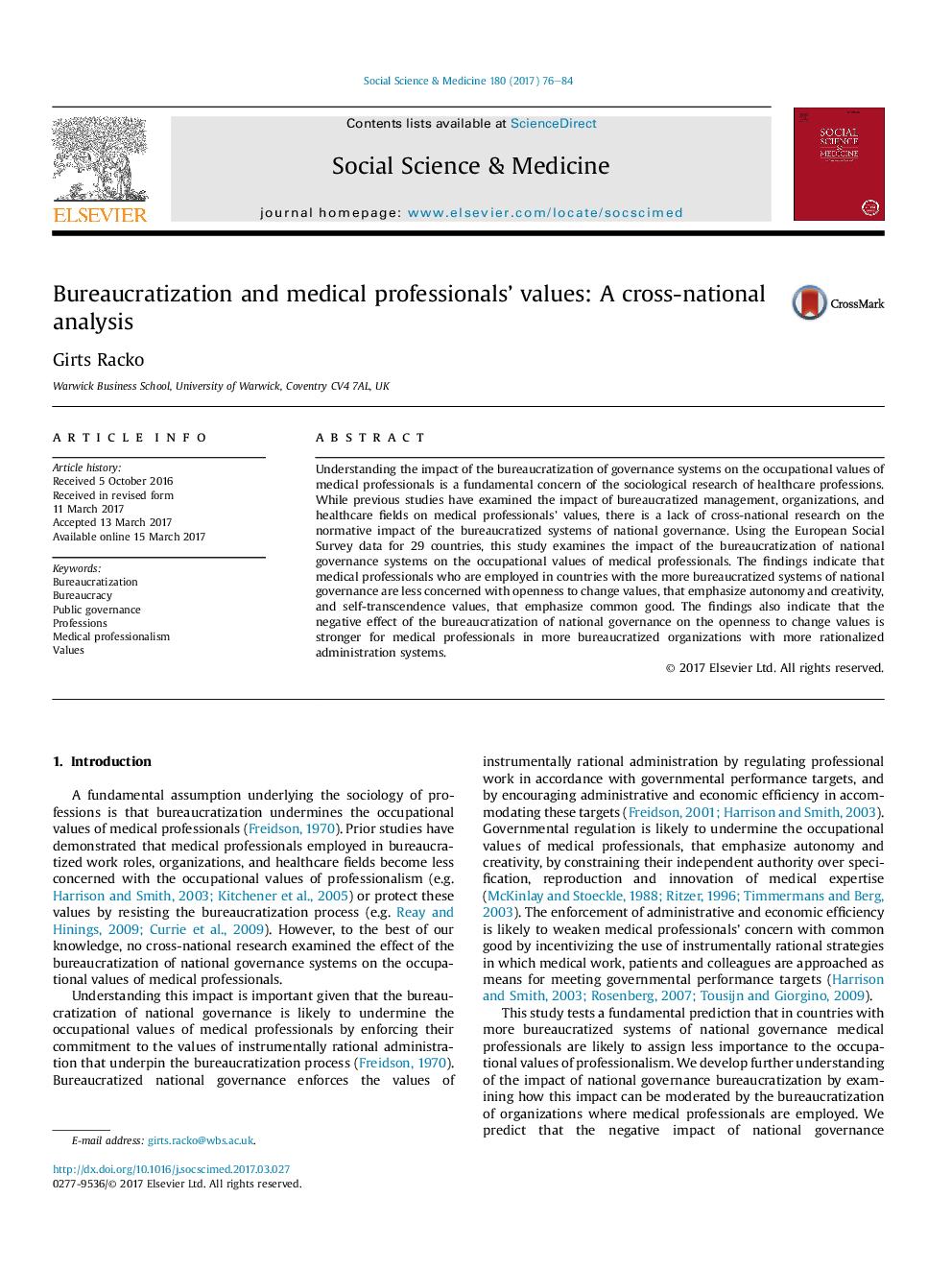 Bureaucratization and medical professionals' values: A cross-national analysis