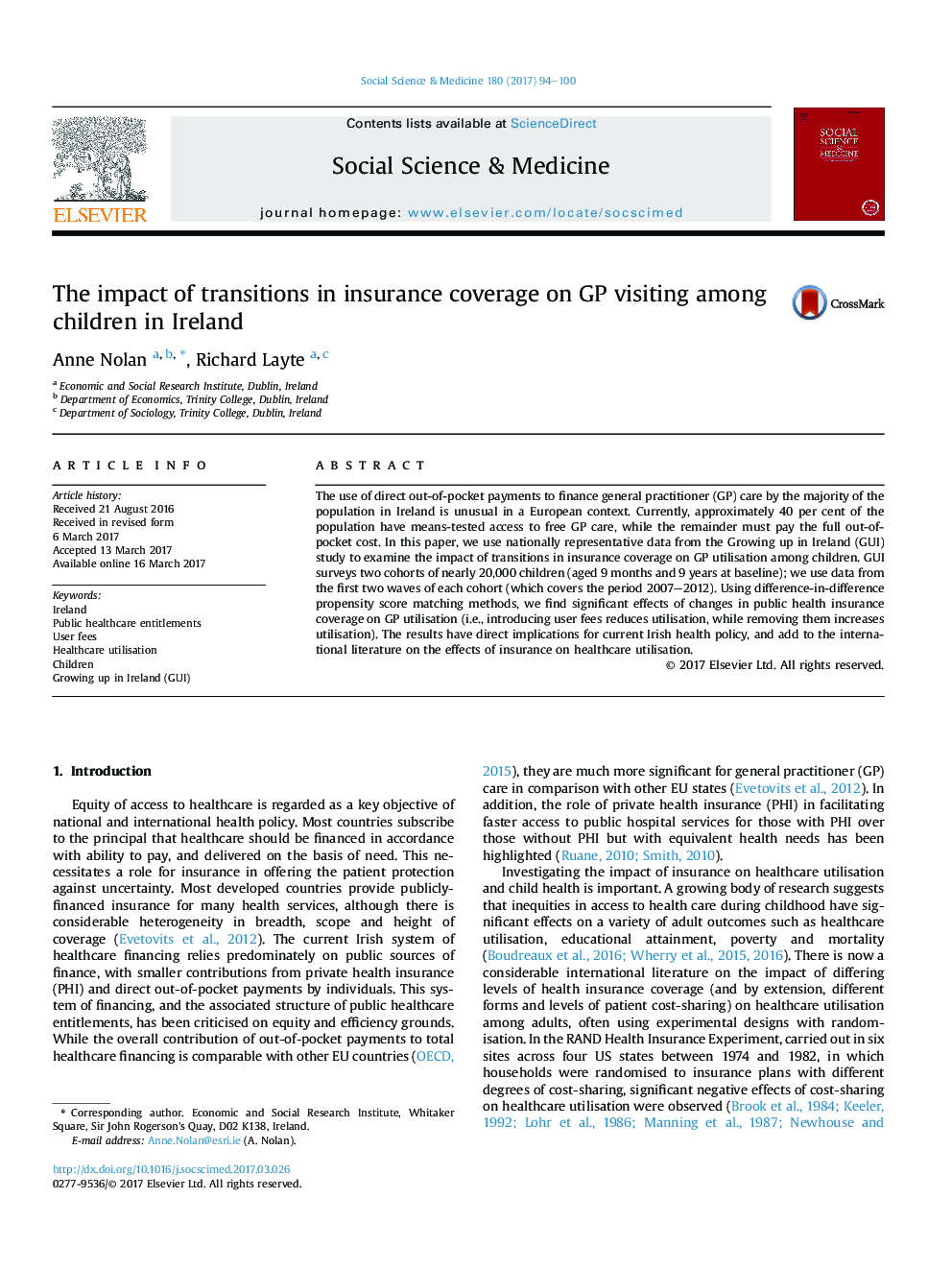 The impact of transitions in insurance coverage on GP visiting among children in Ireland