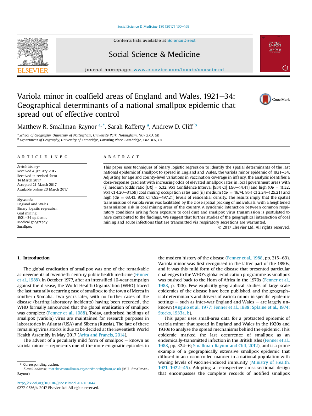 Variola minor in coalfield areas of England and Wales, 1921-34: Geographical determinants of a national smallpox epidemic that spread out of effective control